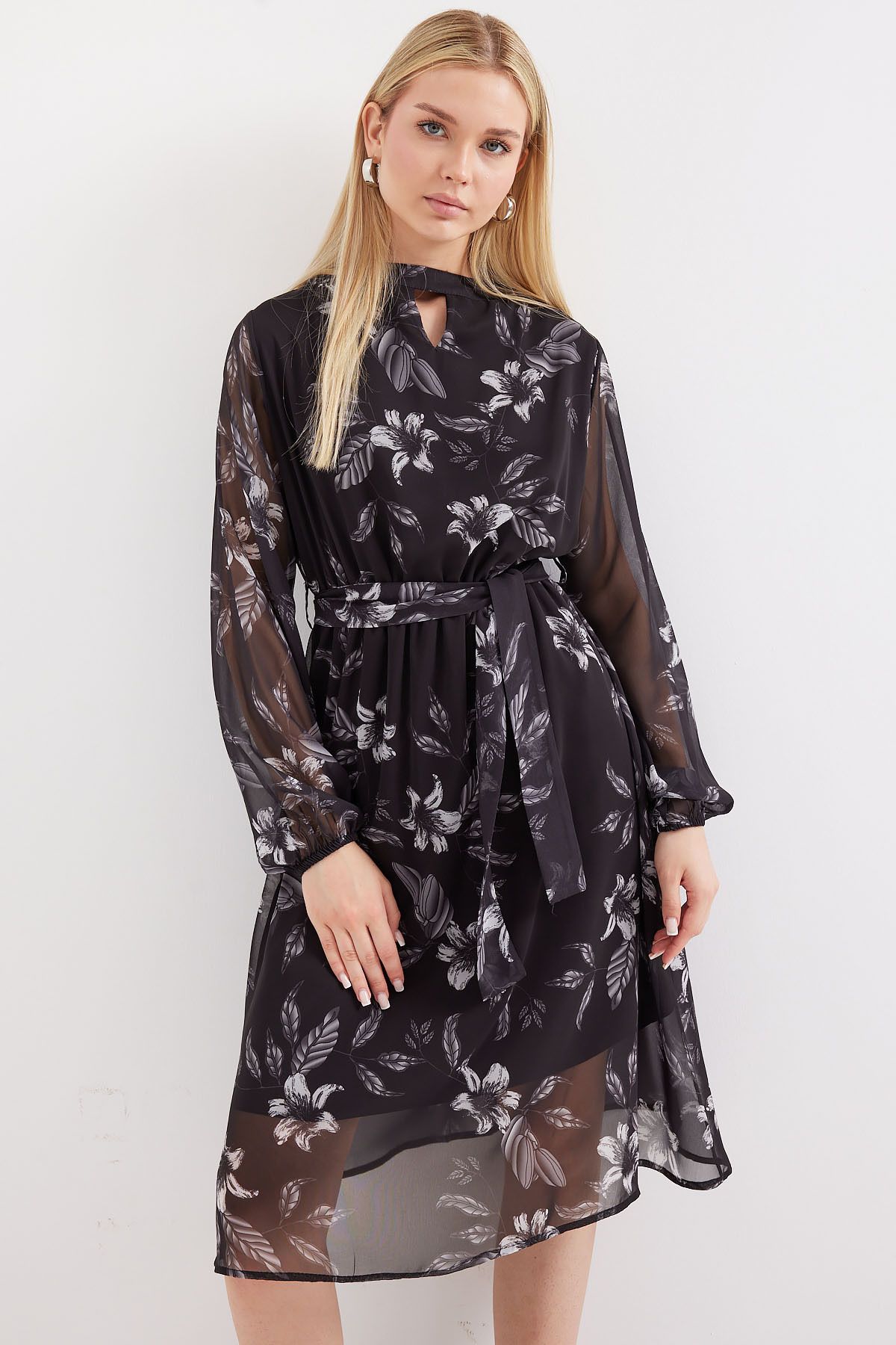 Bigdart-2459 Model Black Patterned Tulle Dress - Lined 1