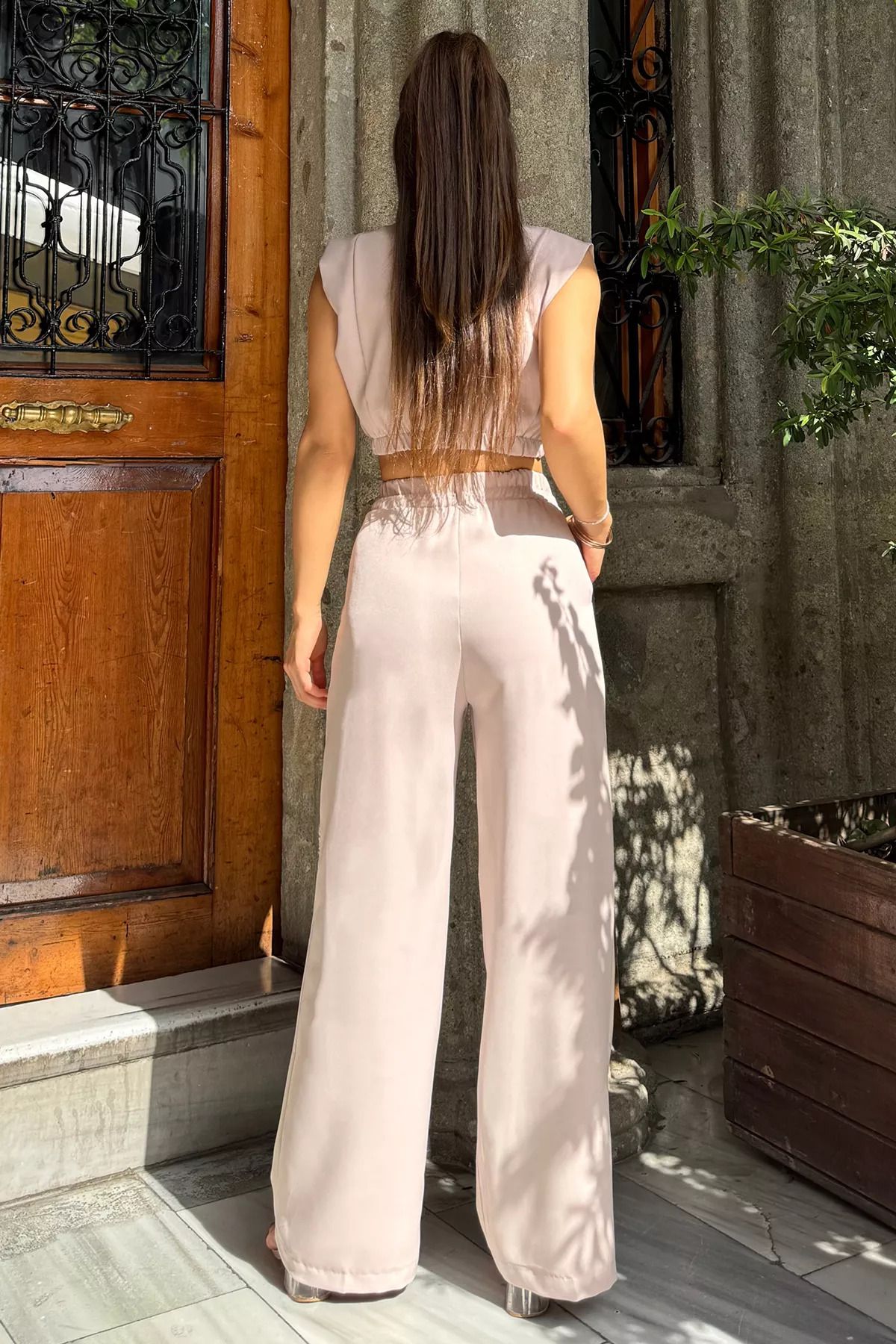 GÜLSELİ-Stone Women's Crop Blouse Trousers Double Set 4