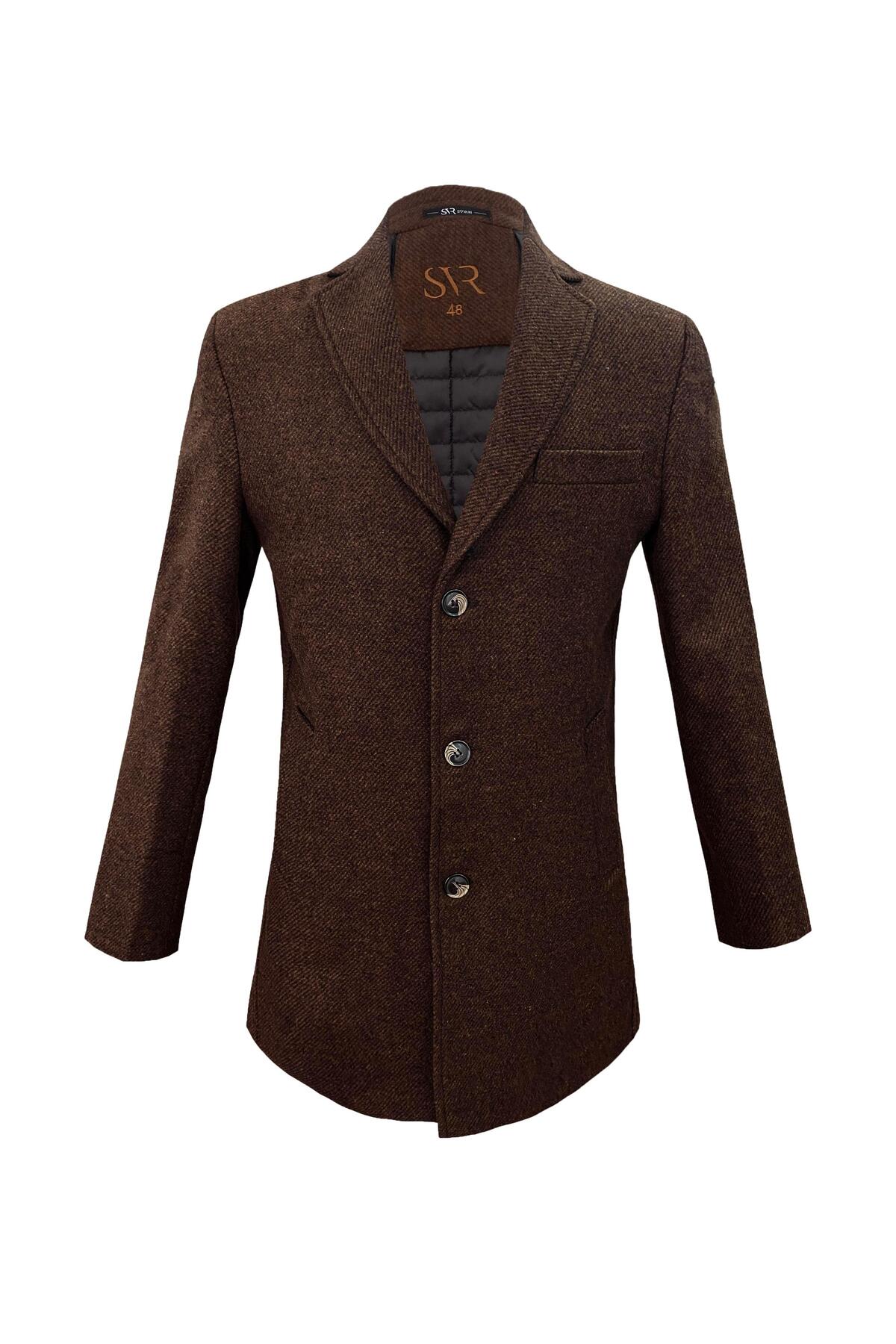 پالتو مردانه پشمی قهوه‌ای Cavalry مدل Slim Fit Mono یقه تک رنگ