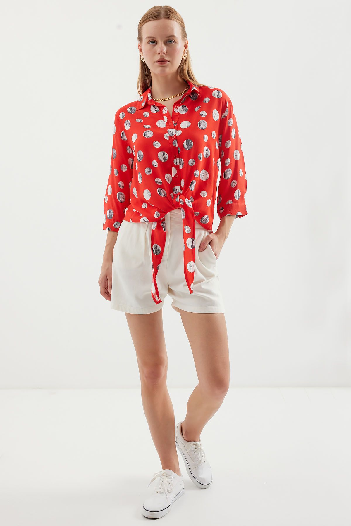 Bigdart-20243 Red Patterned Front Tie Shirt 2