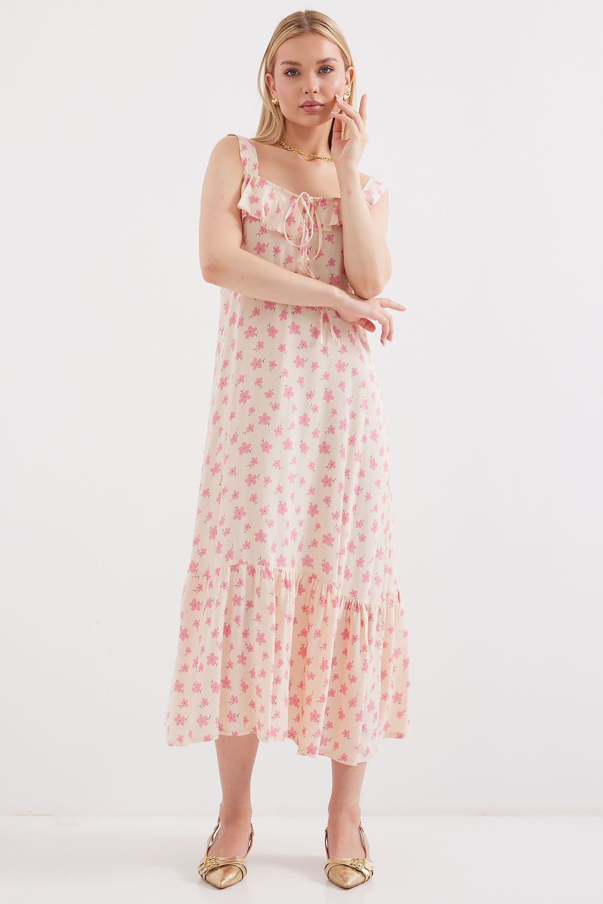 Bigdart-2237 Model Pink Patterned Viscose Strap Dress 2
