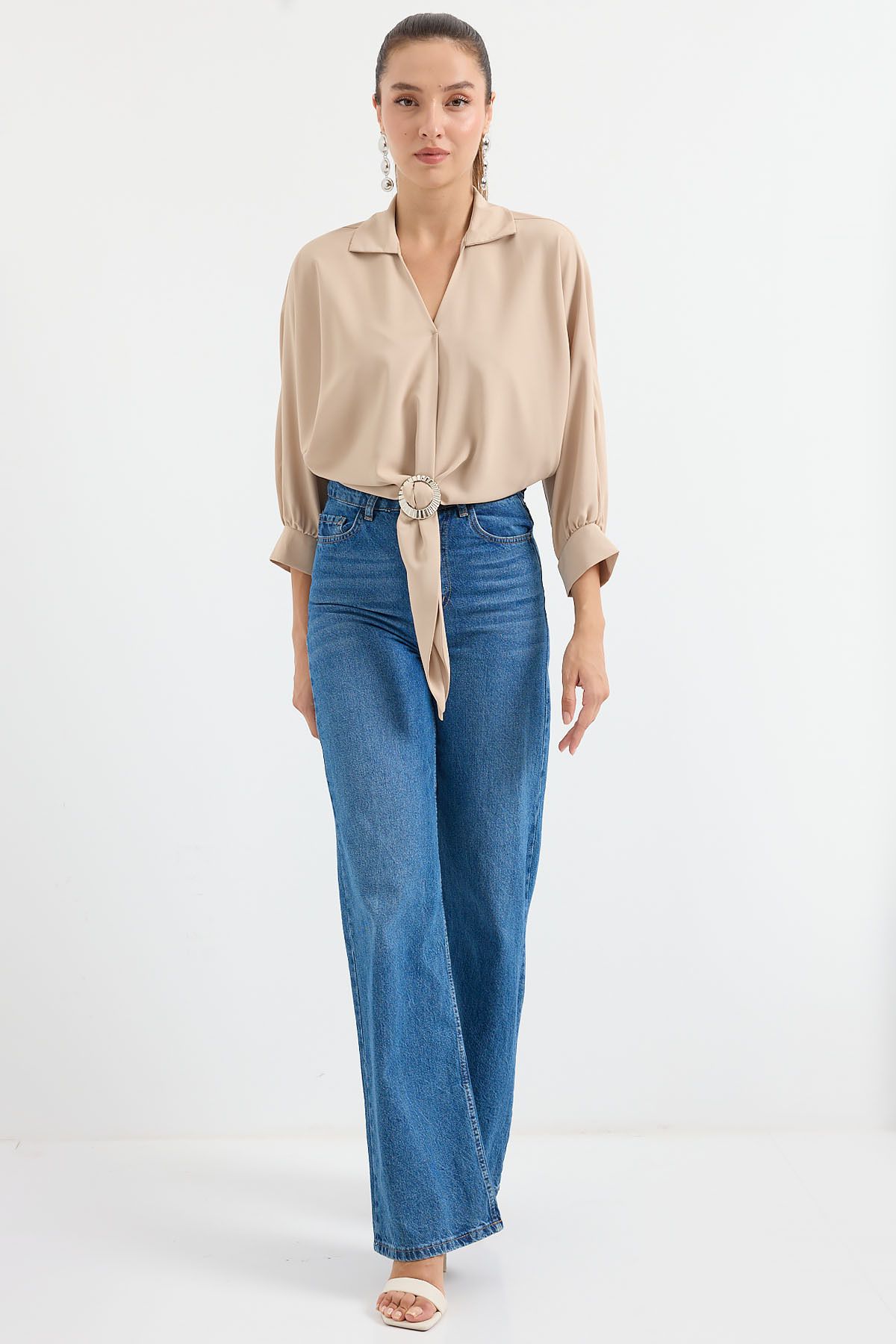 Bigdart-905 Model Beige Oversize Draped Blouse 3