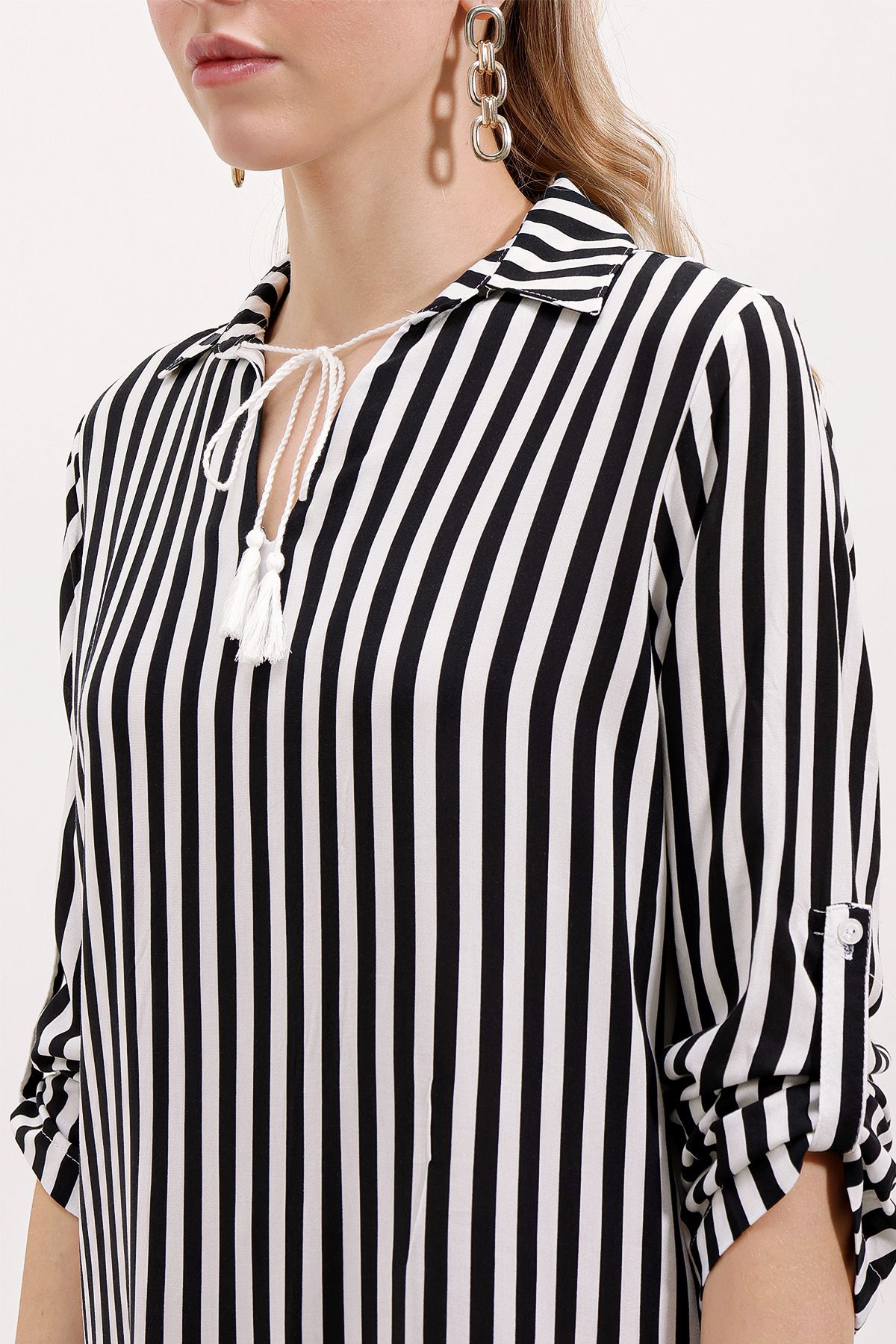 Bigdart-5613 Collar Lace Up Striped Tunic - Black 3