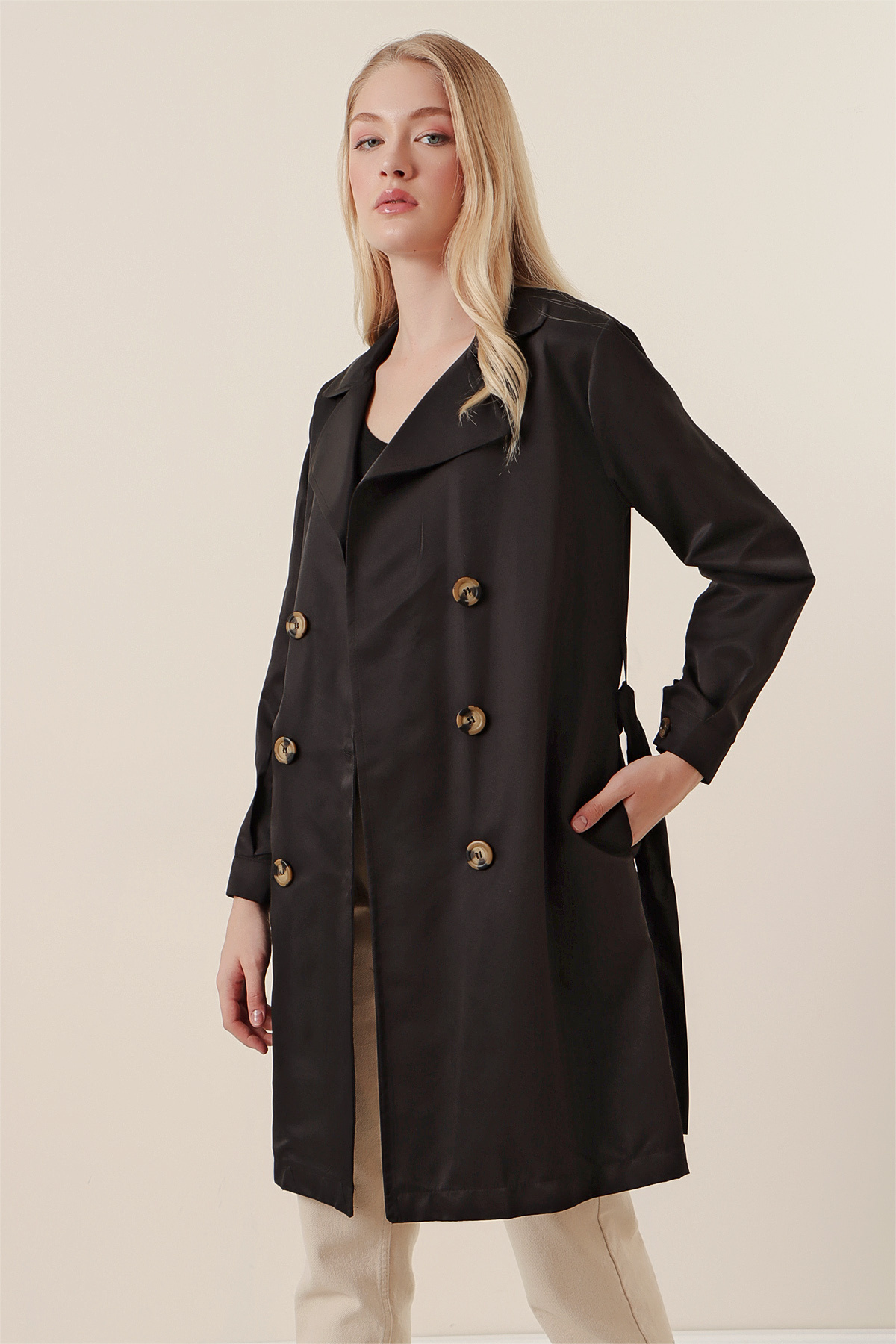 Bigdart-5864 Kurzer Trenchcoat mit zweireihigem Kragen – Schwarz 5
