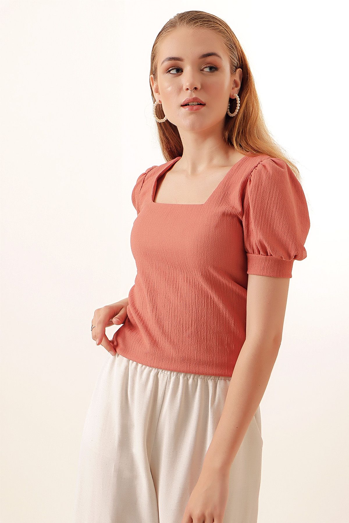 Bigdart-0409 Square Neck Knitted Blouse - Dusty Rose 2