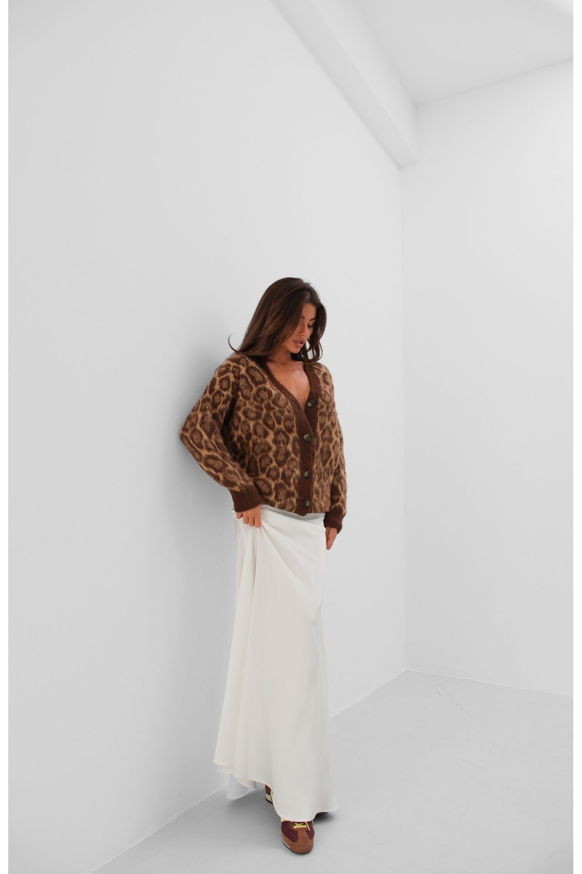 Black Fashion-Cardigan din tricot maro cu model leopard 2