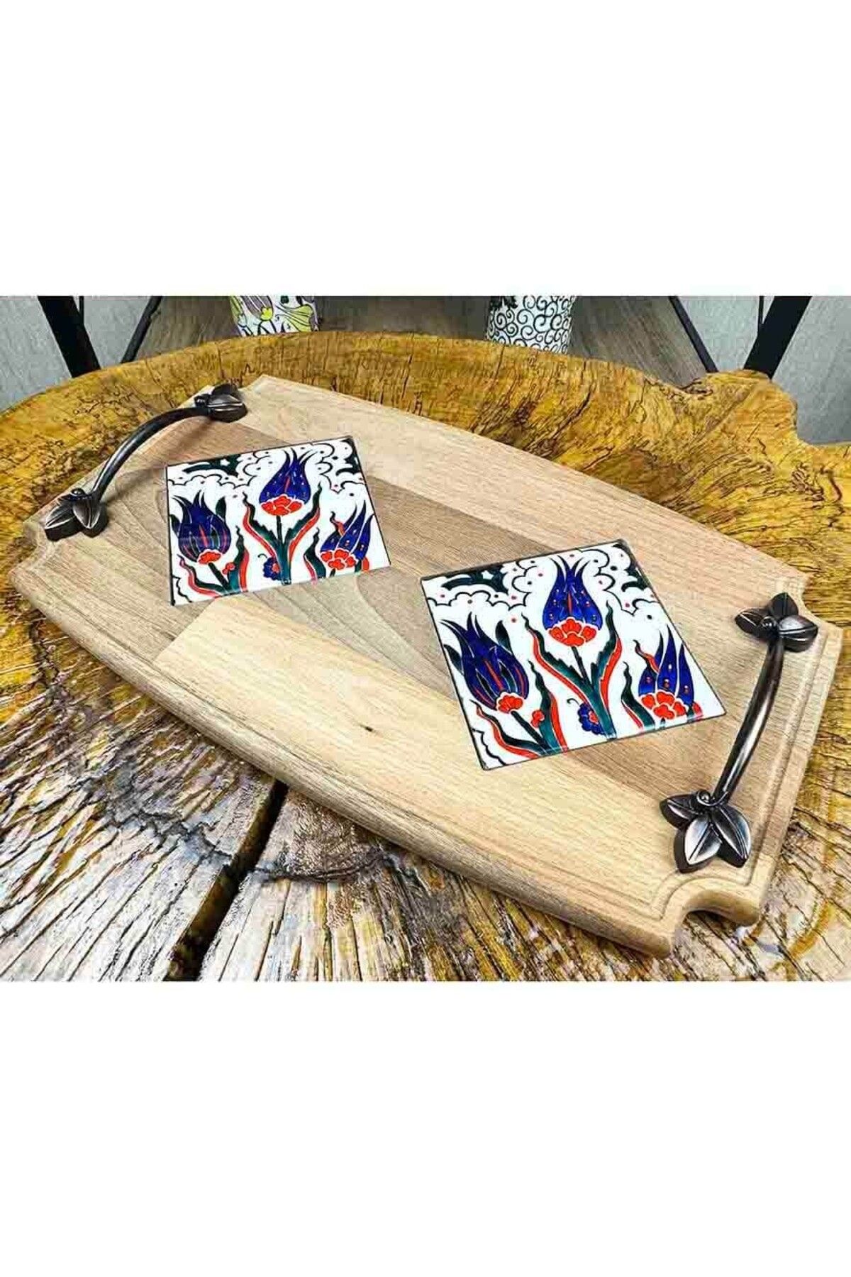 Çini Evi 3 Lale Desenli Ahşap Tepsi