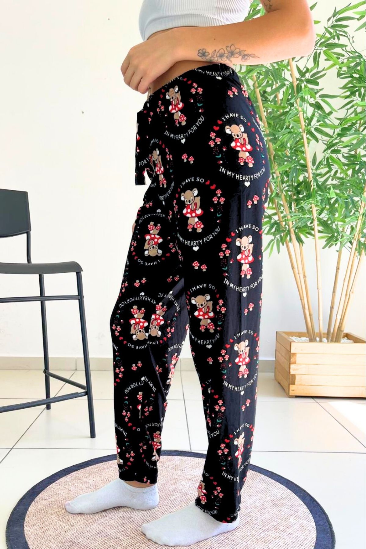 Farya Home-Pantaloni de pijama din piele intoarsa cu model de ursuleti texturat din catifea moale 3