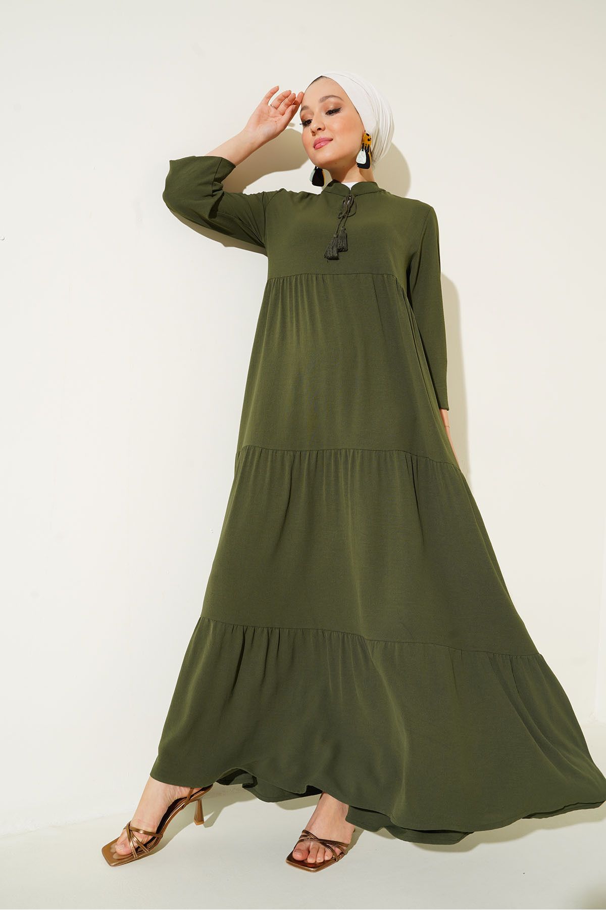 Bigdart 1627 Collar Lace-up Hijab Dress - D.khaki