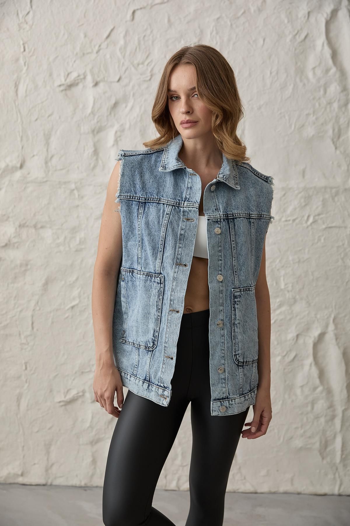 LEVURE-Denim Vest - Button Detail and Pocket, Sleeveless - Snow Wash 2