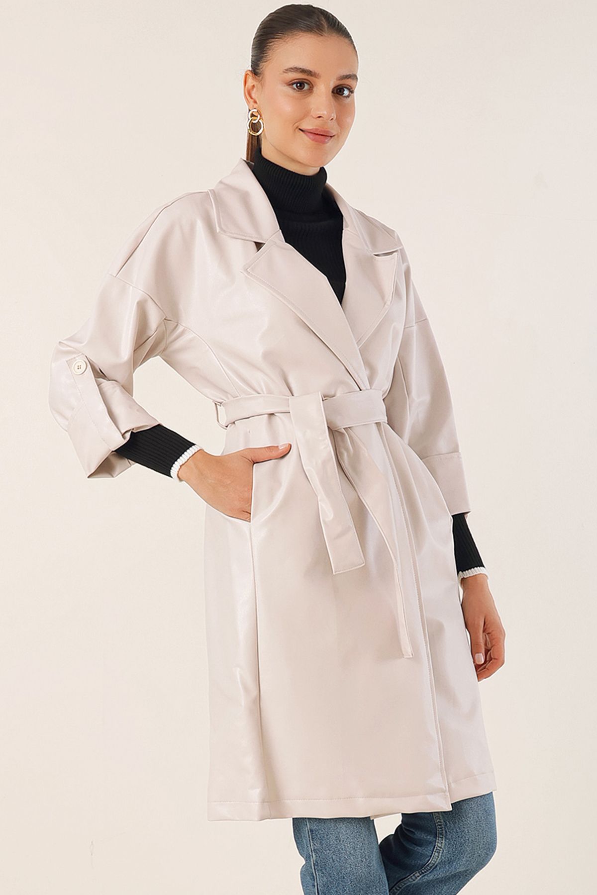 Bigdart-1034 Trenchcoat aus Kunstleder mit Gürtel – Ecru 4