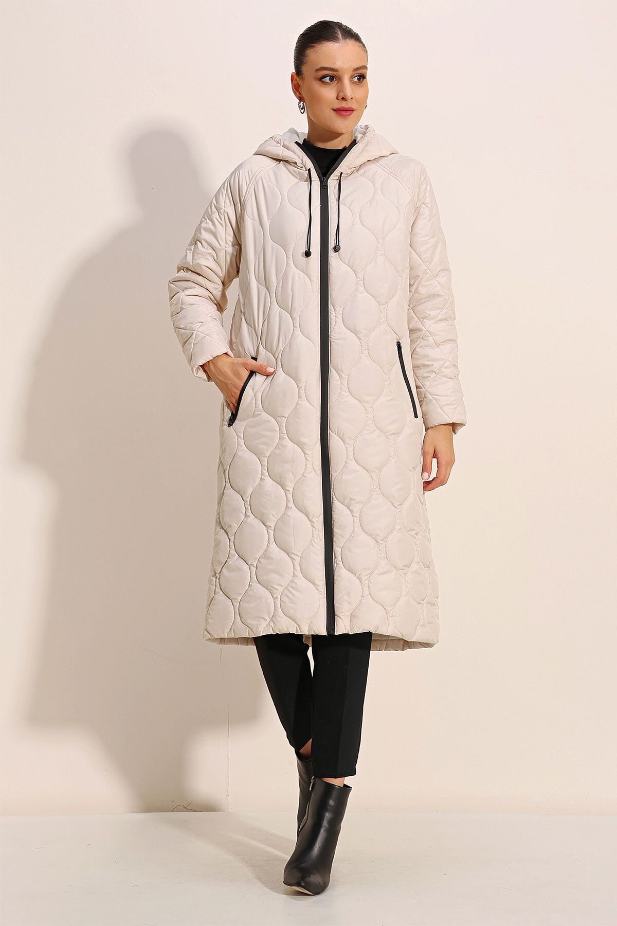 Bigdart-5177 Long Quilted Hooded Coat - Ecru 4