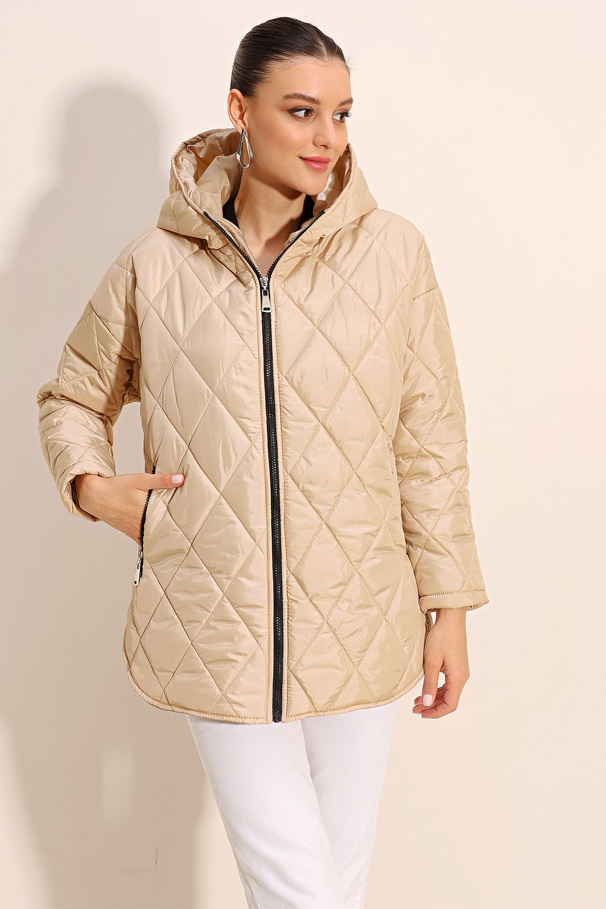 Bigdart-5181 Hooded Quilted Coat - Beige 4