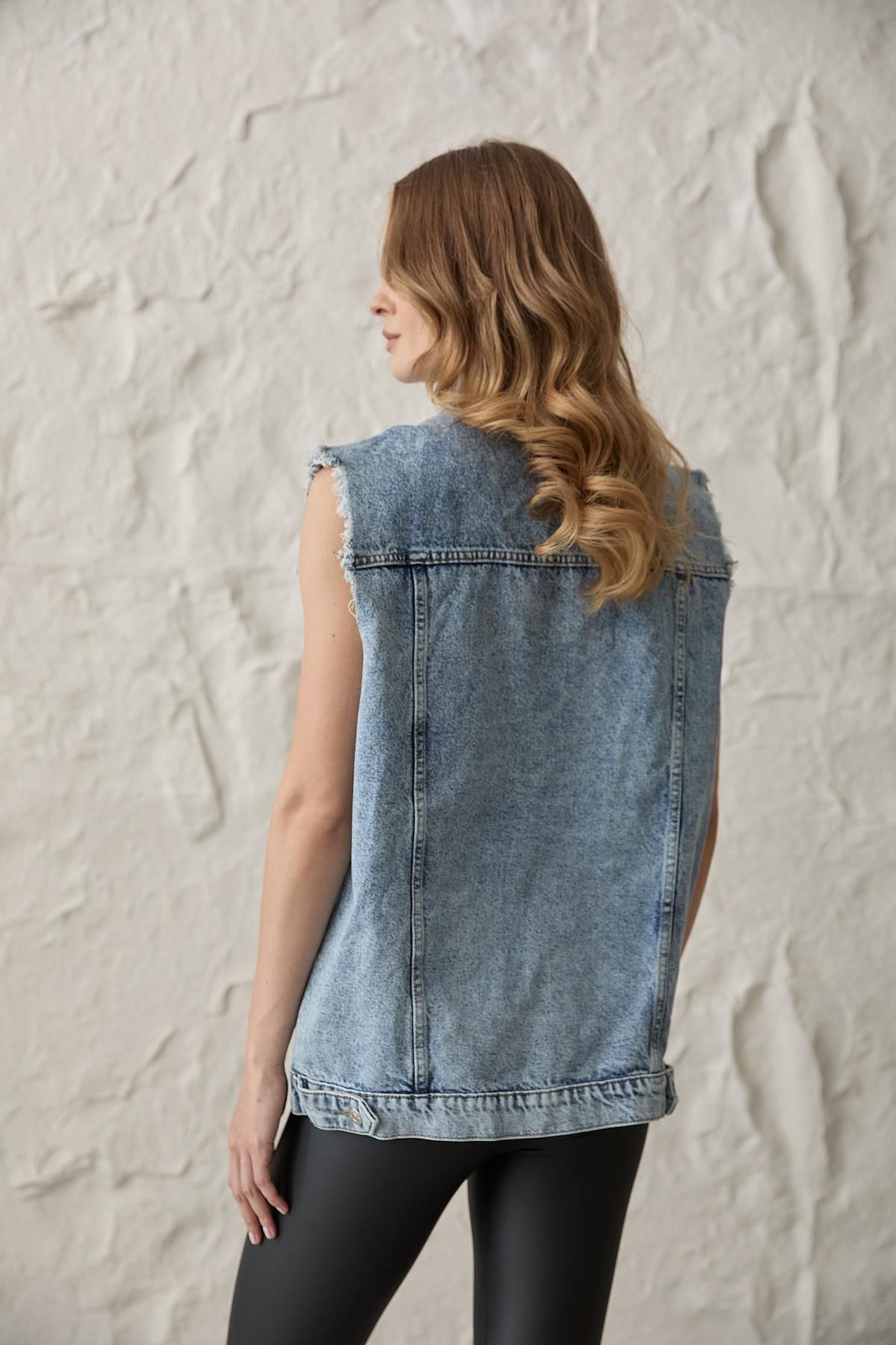 LEVURE-Denim Vest - Button Detail and Pocket, Sleeveless - Snow Wash 4