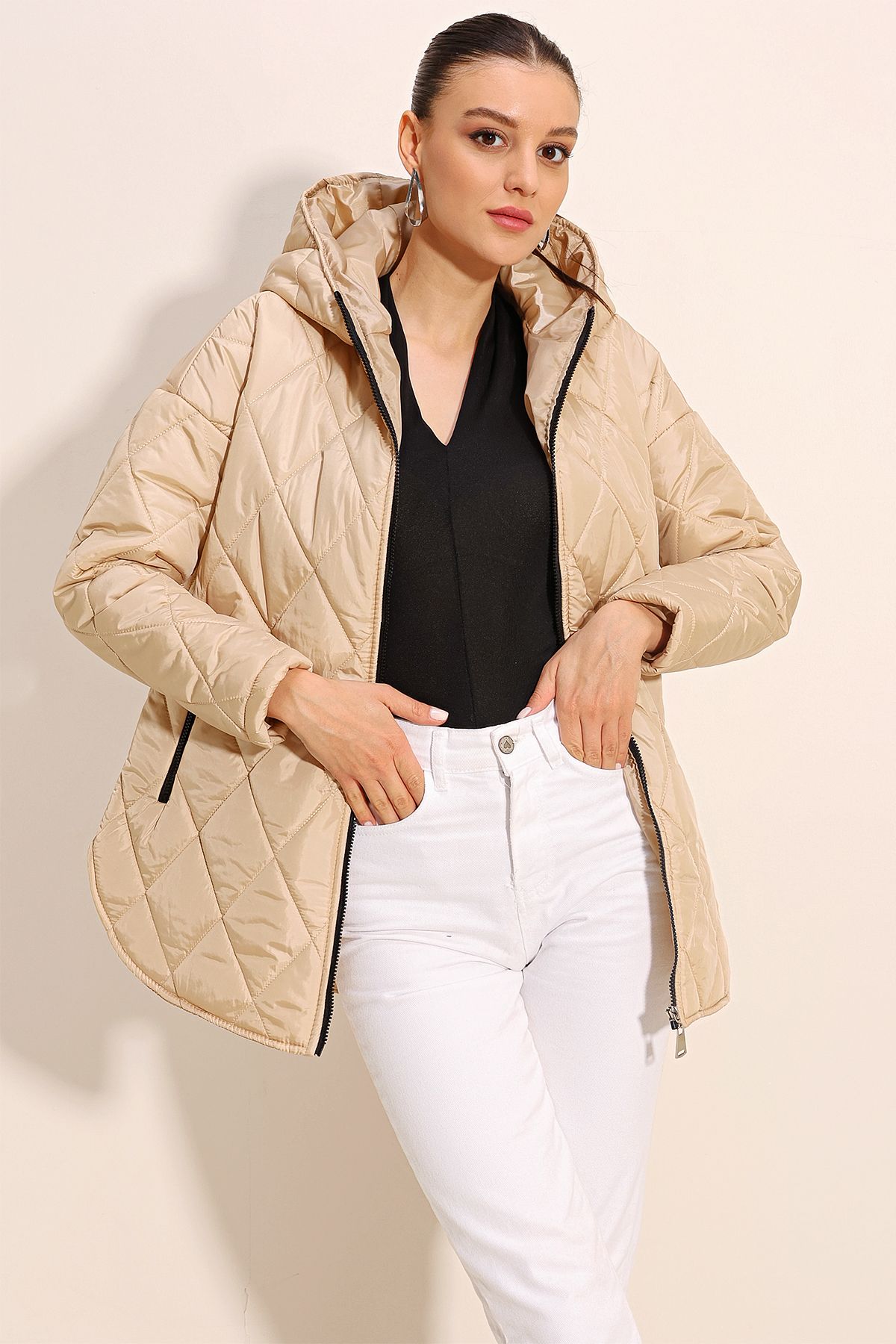 Bigdart-5181 Hooded Quilted Coat - Beige 3