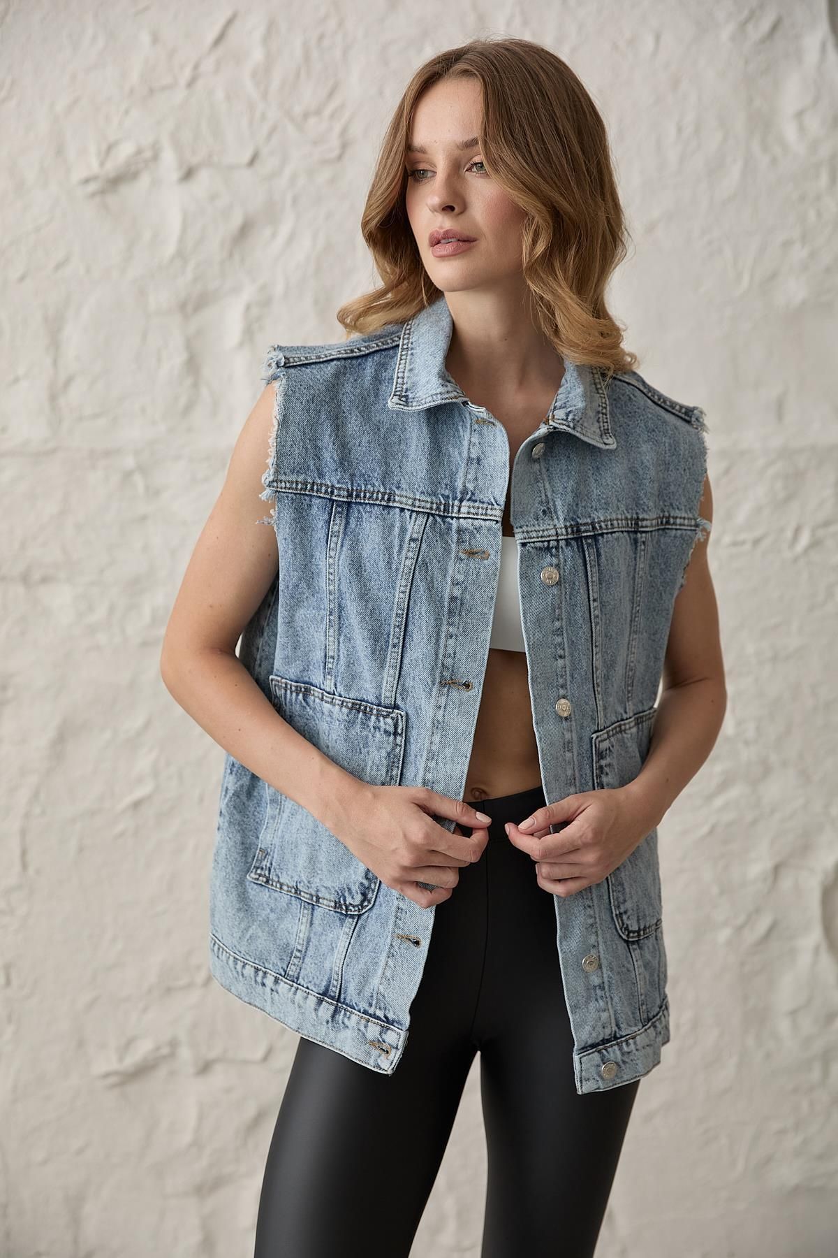 LEVURE-Denim Vest - Button Detail and Pocket, Sleeveless - Snow Wash 3