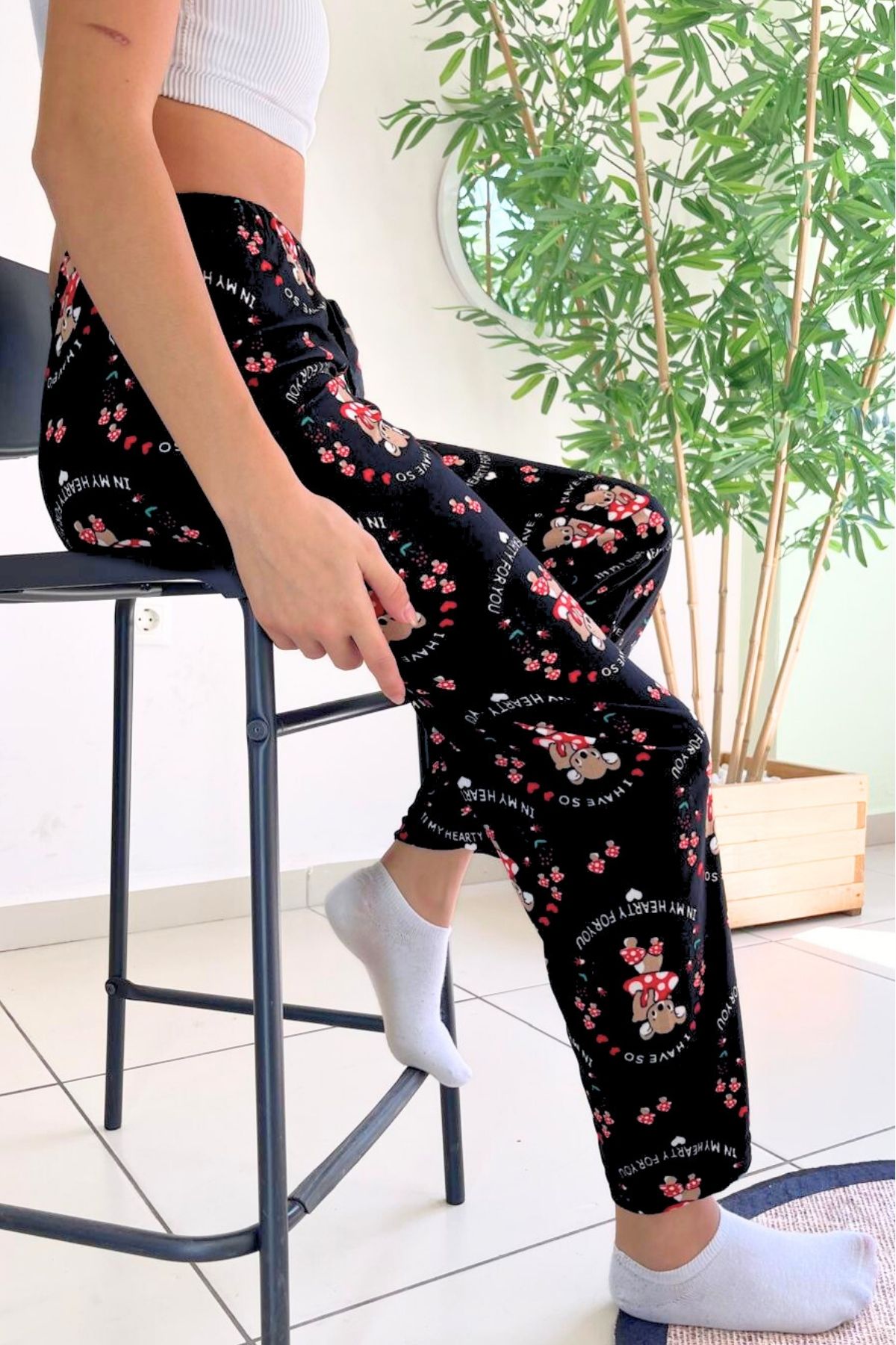 Farya Home-Pantaloni de pijama din piele intoarsa cu model de ursuleti texturat din catifea moale 2