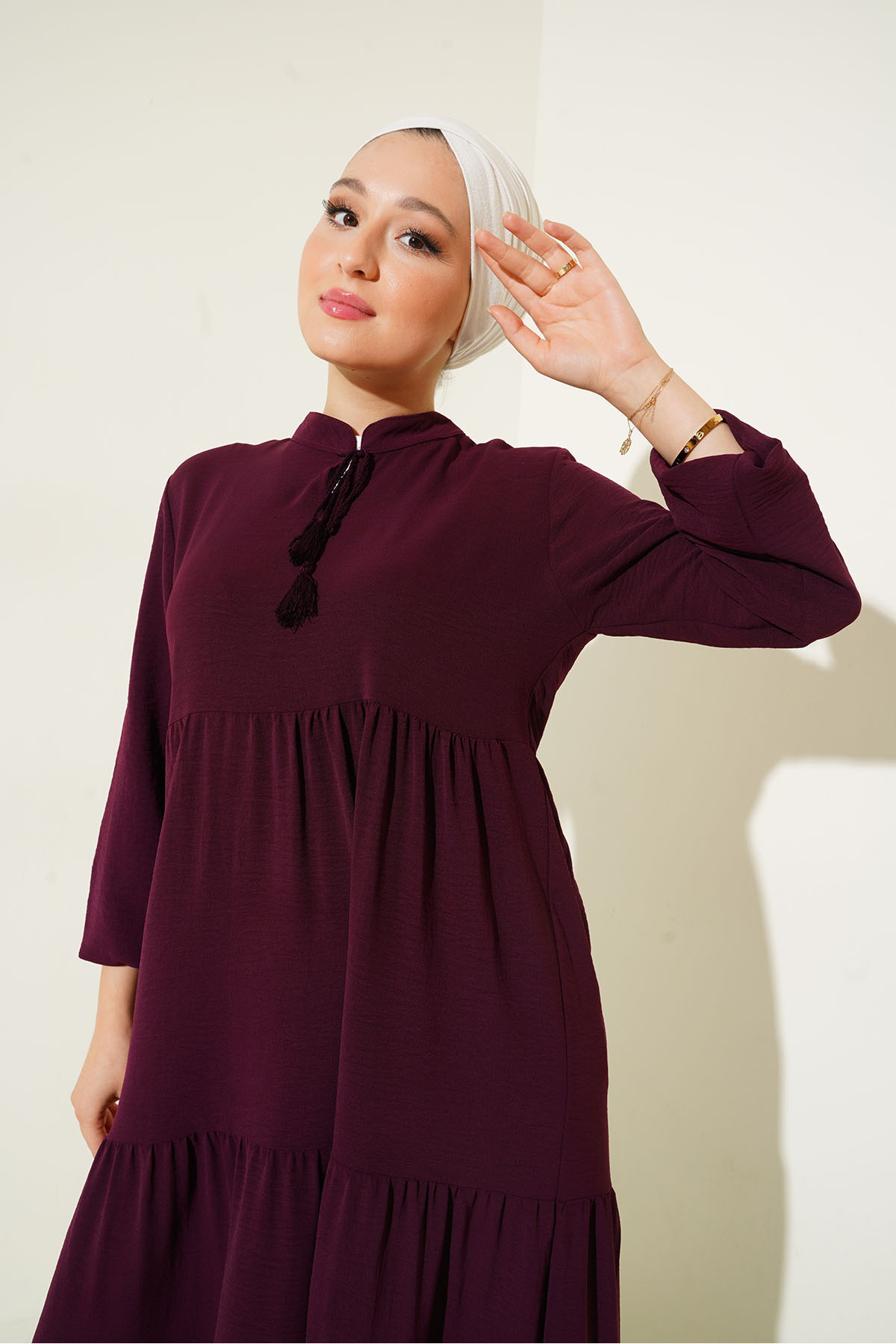 Bigdart-1627 Hijab-Kleid mit Kragen und Schnürung – Hellbordeauxrot 3