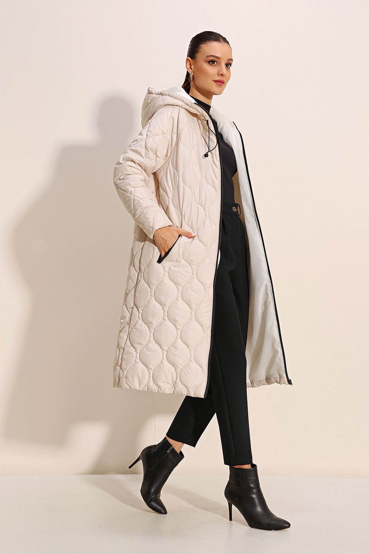 Bigdart-5177 Long Quilted Hooded Coat - Ecru 3