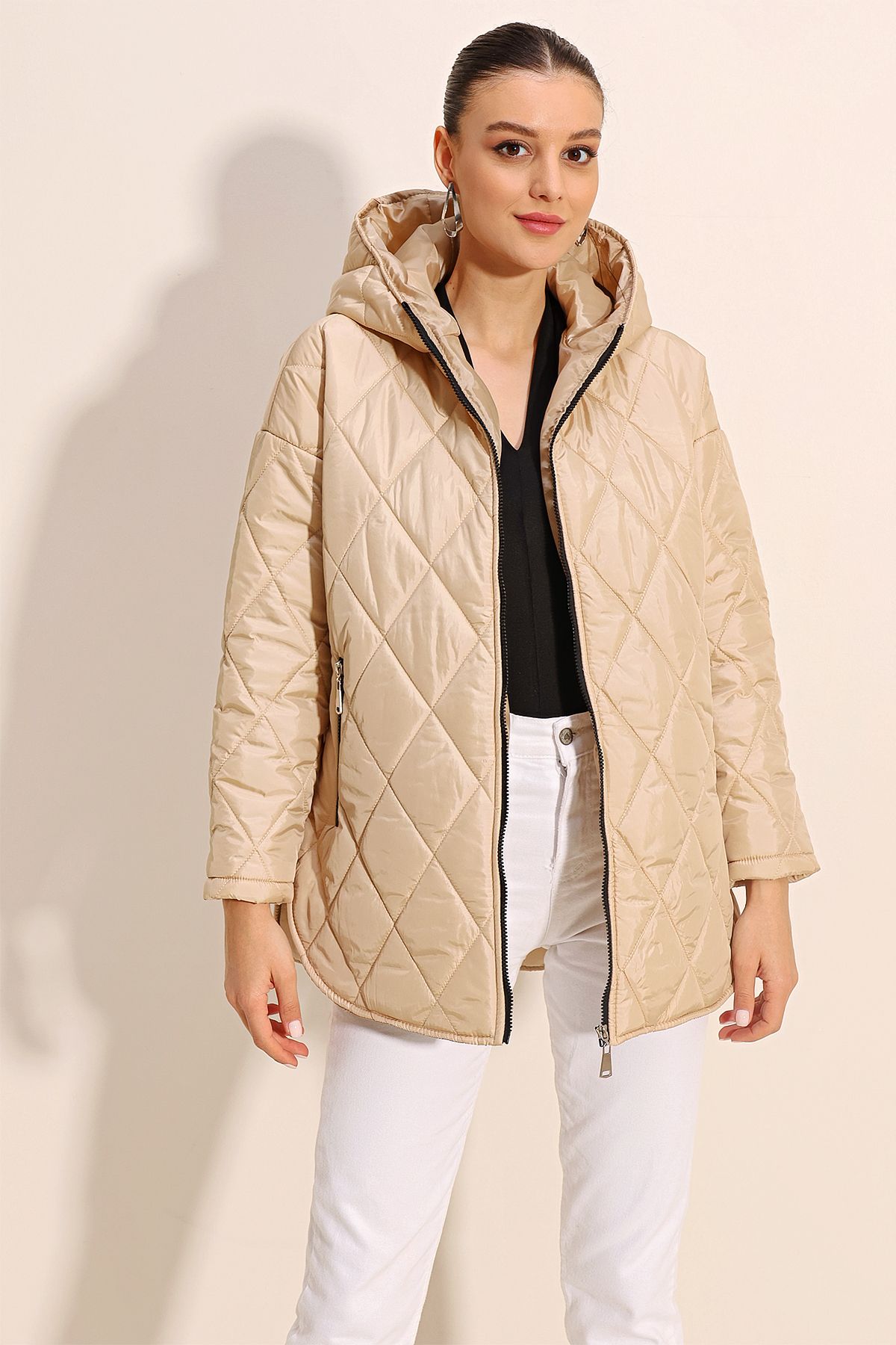 Bigdart-5181 Hooded Quilted Coat - Beige 1