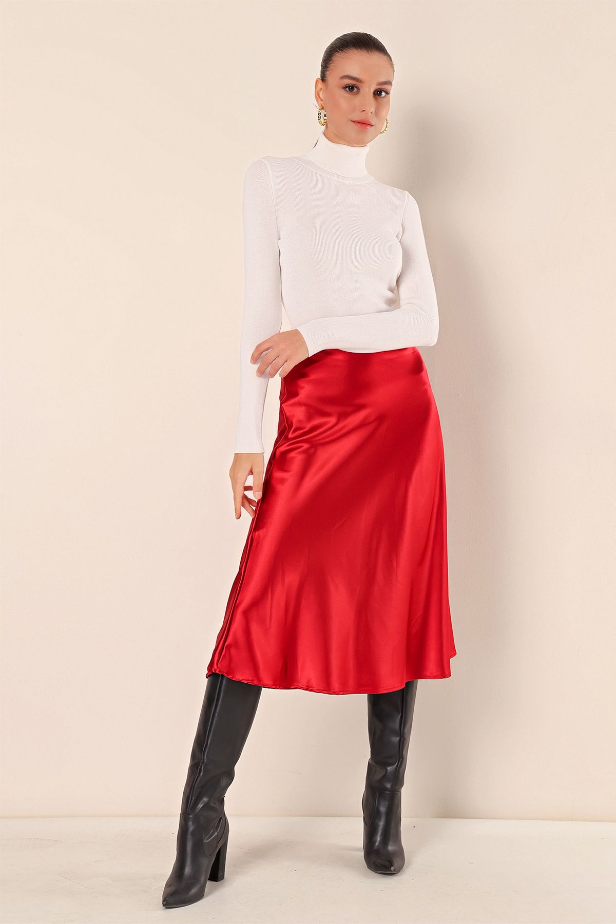 Bigdart-15806 Satin Skirt - Claret Red 3