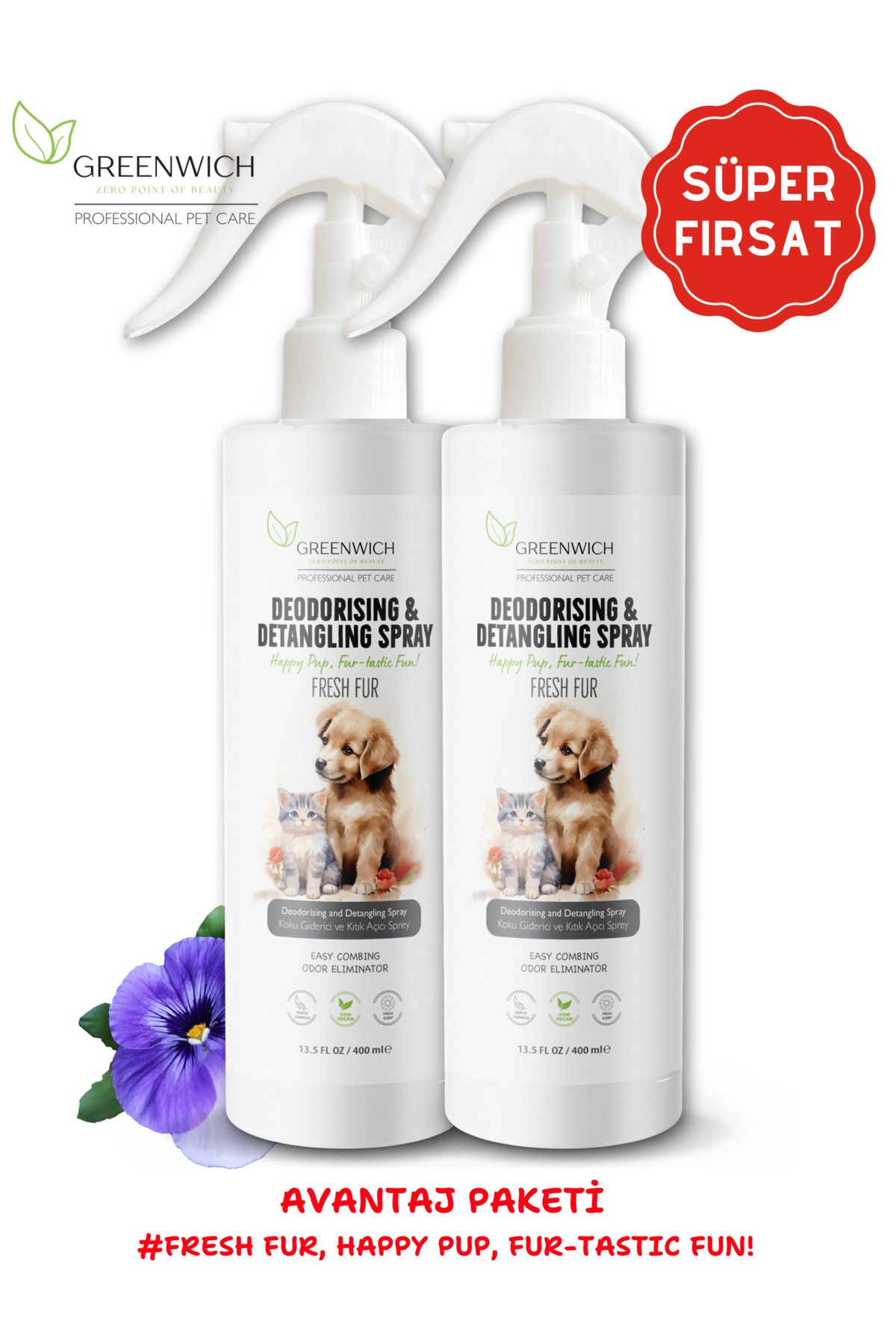 Greenwich Zero Point of Beauty Köpek Tüy Dolaşıklık Kıtık Açıcı Kolay Tarama Spreyi, Tuvalet Idrar Koku Giderici Vegan 400 ml * 2