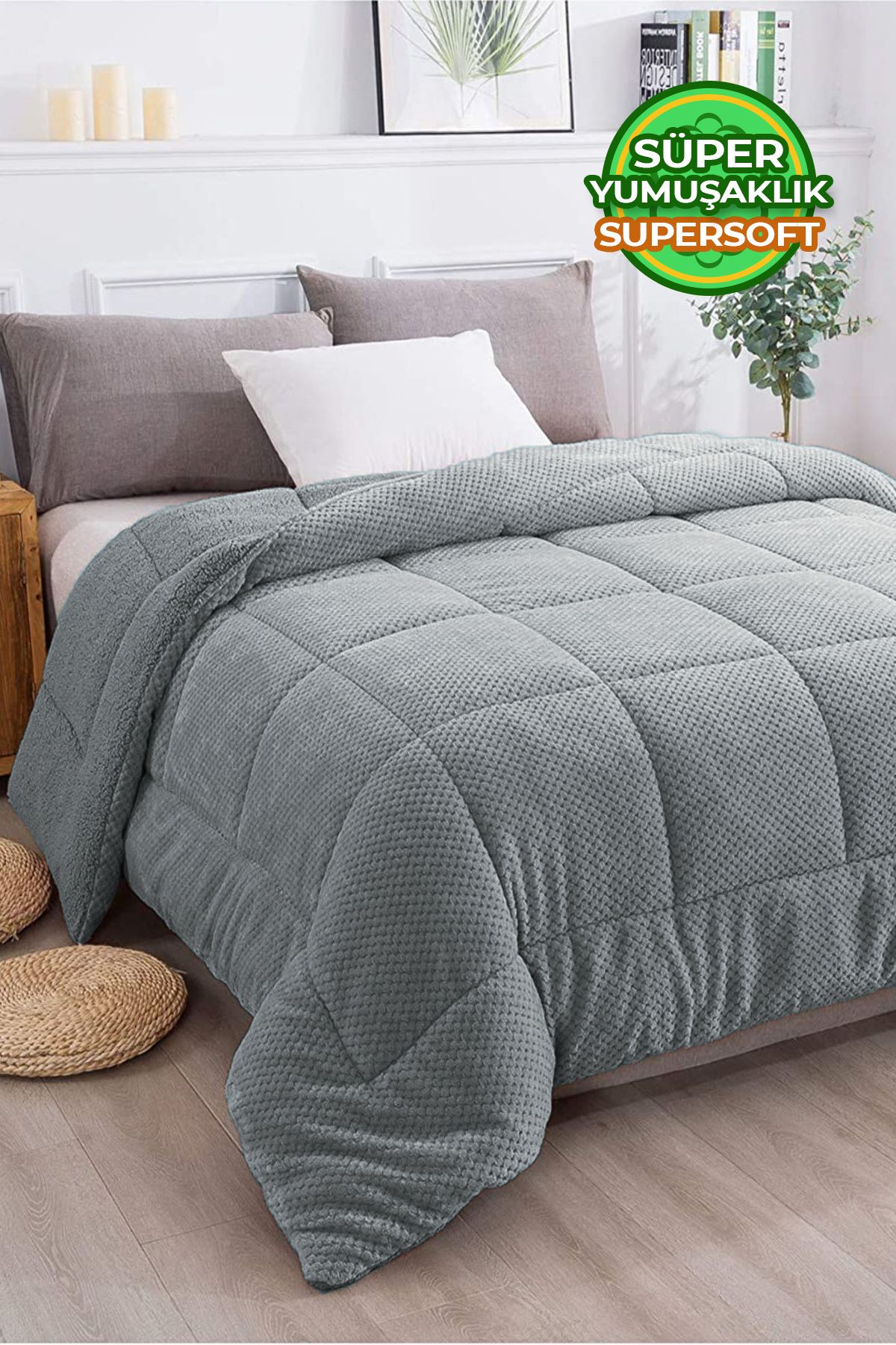 Evlen Home Collection-Wellsoft Ultra Soft - Double Sided Gray Plush Yogan, Double, Washable - 200x220 cm 1