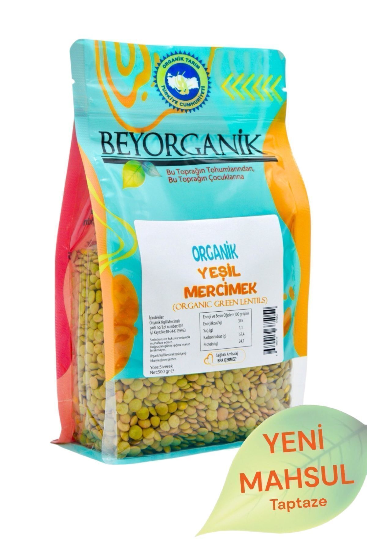 BEYORGANİK Organik Yeşil Mercimek 500gr