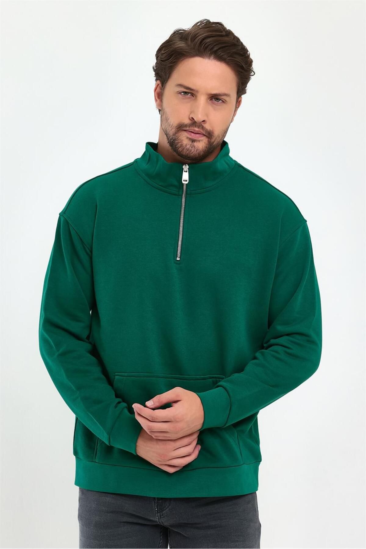 VENA-Bruce Stand Collar Half Zipper Cotton Sweatshirt - Forest 8