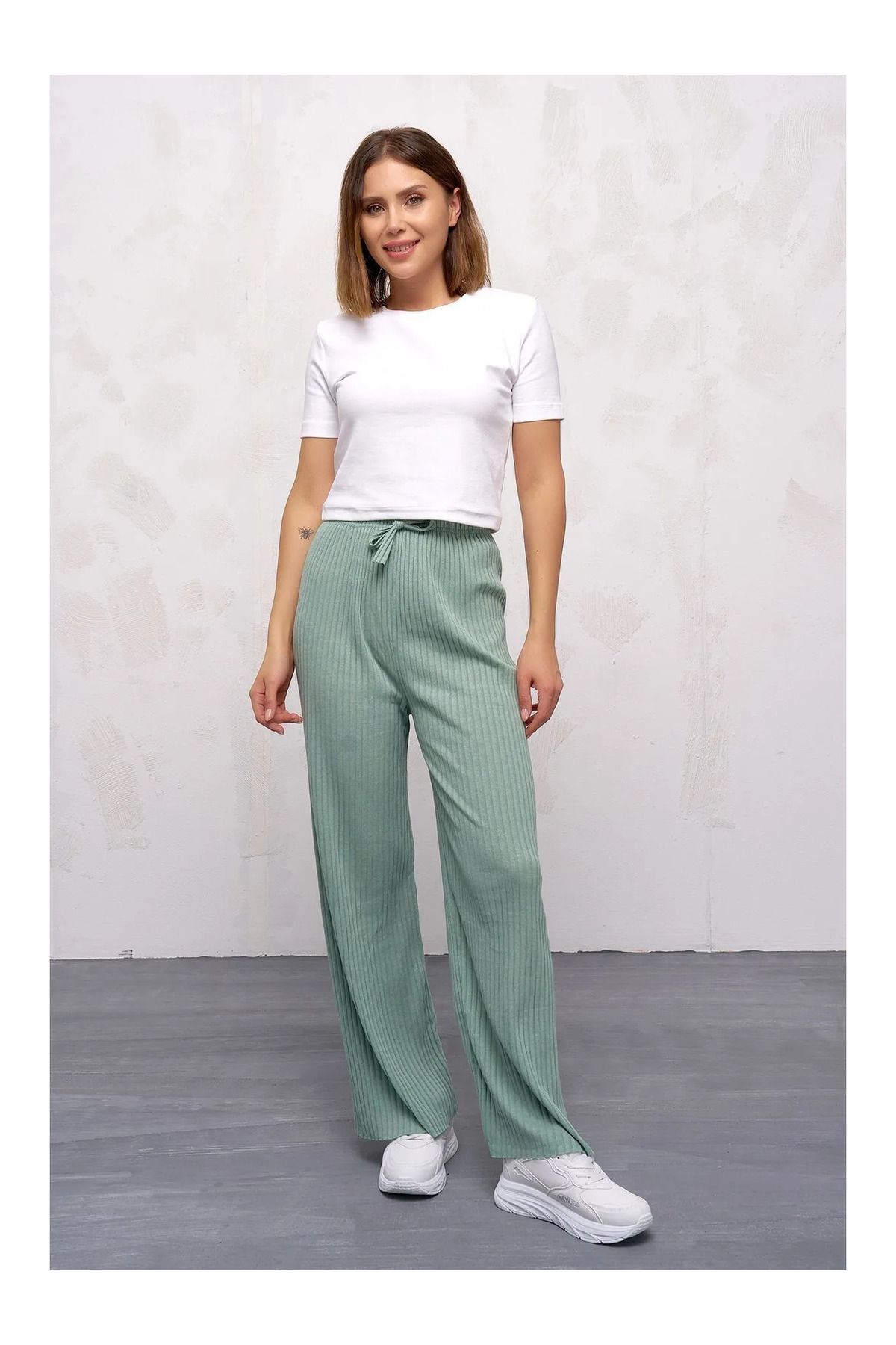 SİERNA Kadın Kışlık Kalın Fitilli Kaşkorse Pijama Altı Eşofman Altı Cepsiz Yeşil srn-004238