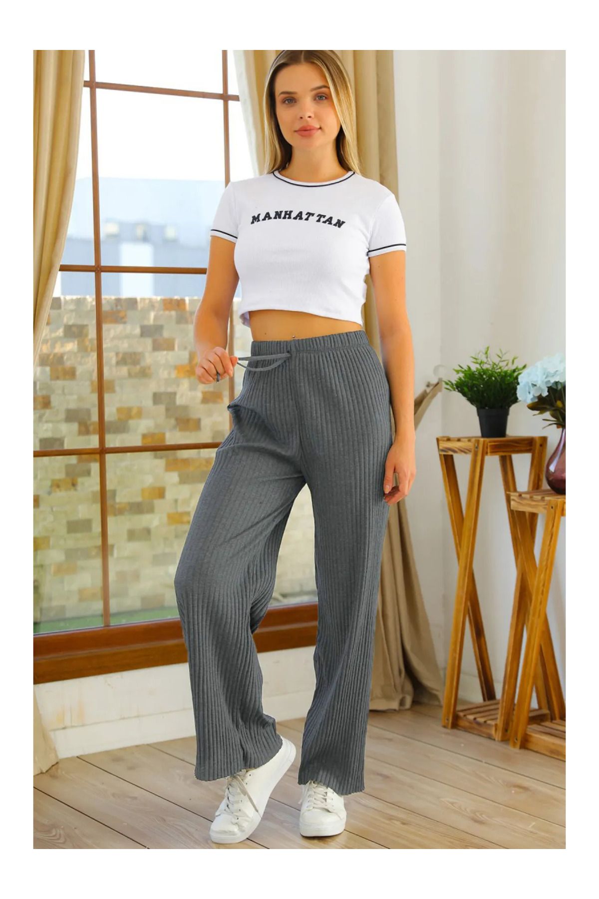 SİERNA Kadın Kışlık Kalın Fitilli Kaşkorse Pijama Altı Eşofman Altı Cepsiz Antrasit srn-004231