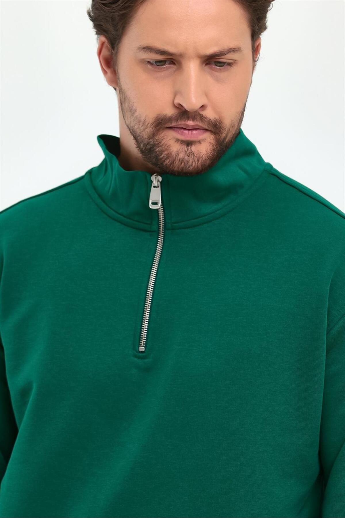 VENA-Bruce Stand Collar Half Zipper Cotton Sweatshirt - Forest 4