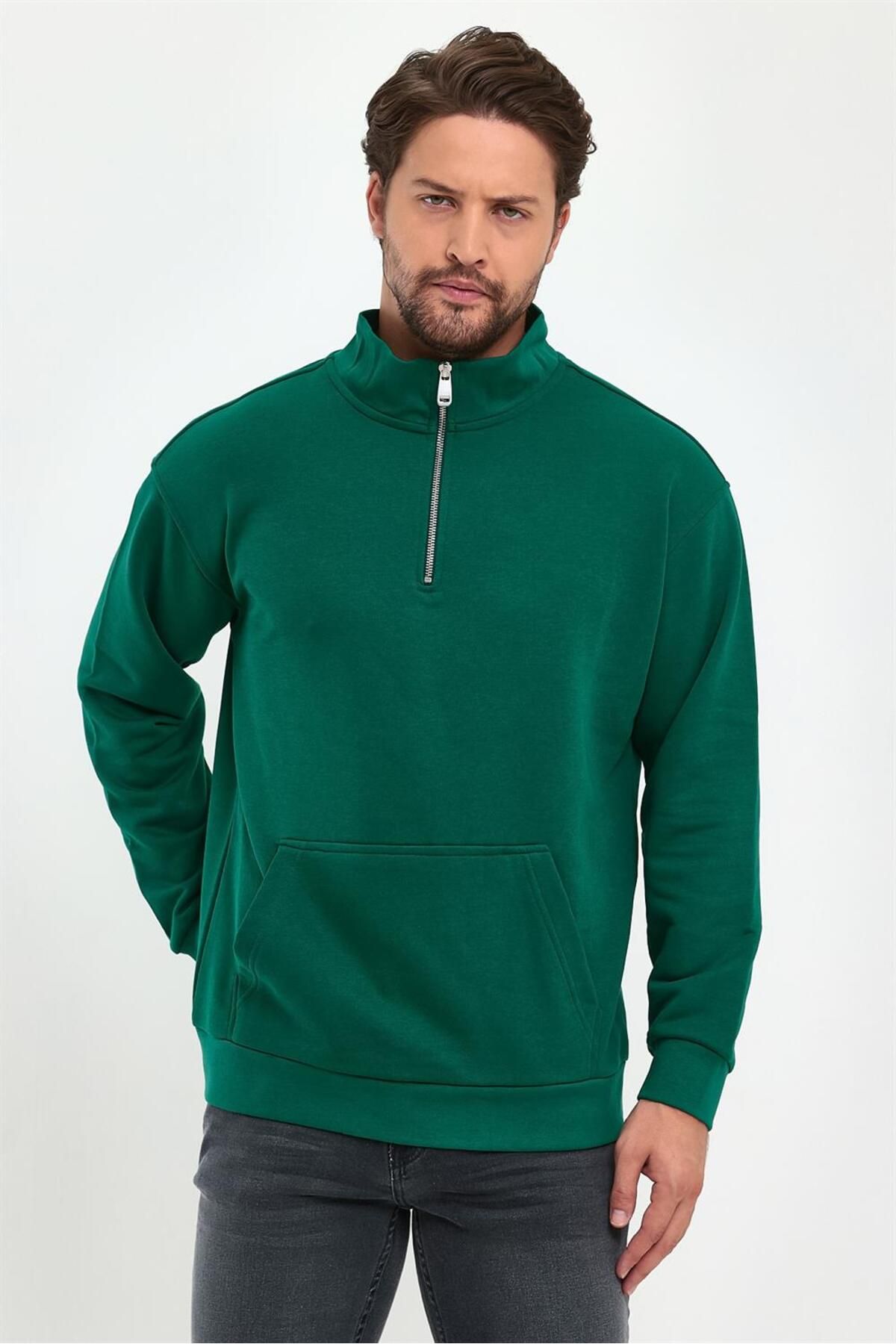 VENA-Bruce Stand Collar Half Zipper Cotton Sweatshirt - Forest 2