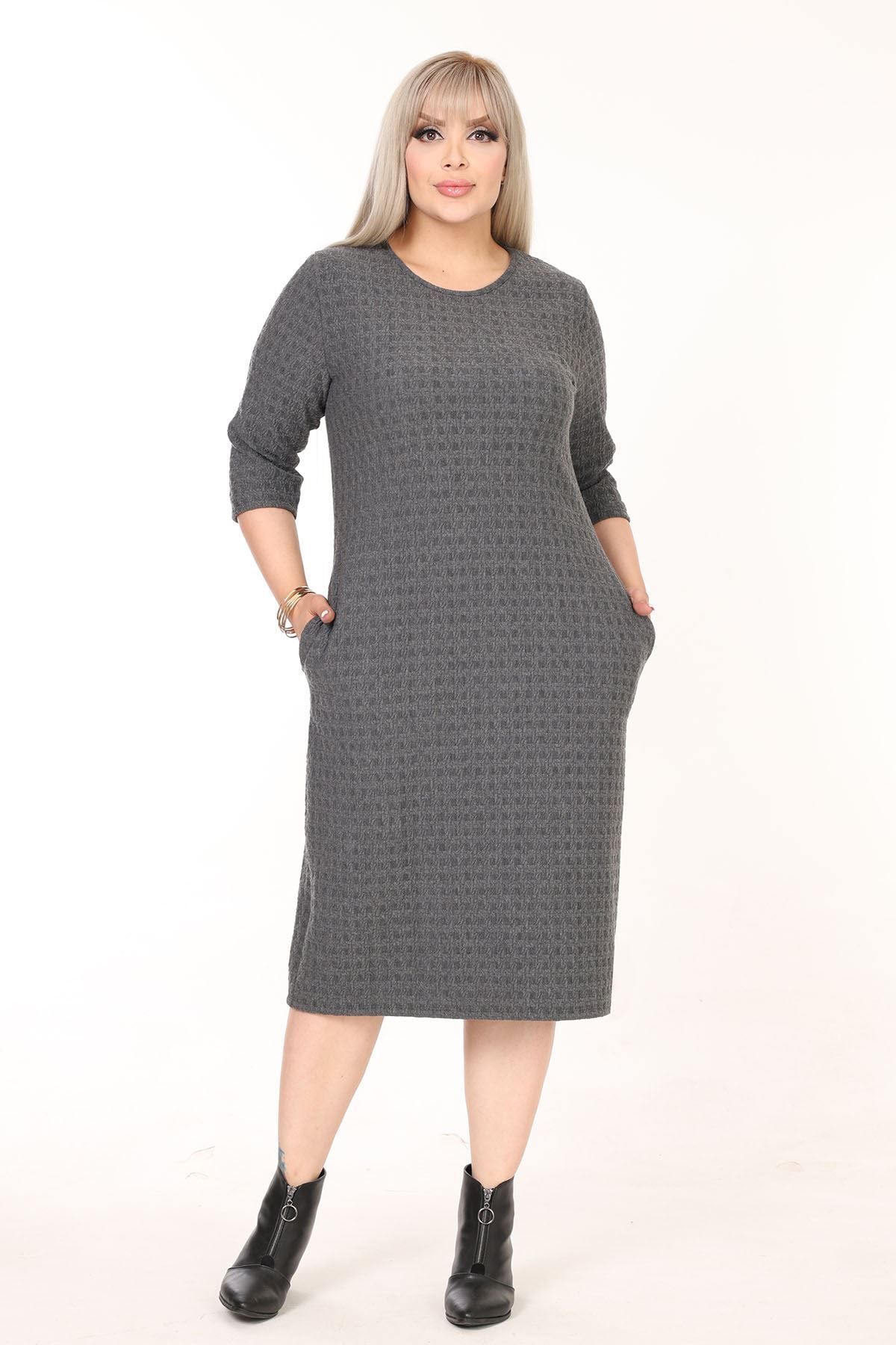 modayız-Double Pocket Winter Plus Size Dress 43C-2590 3