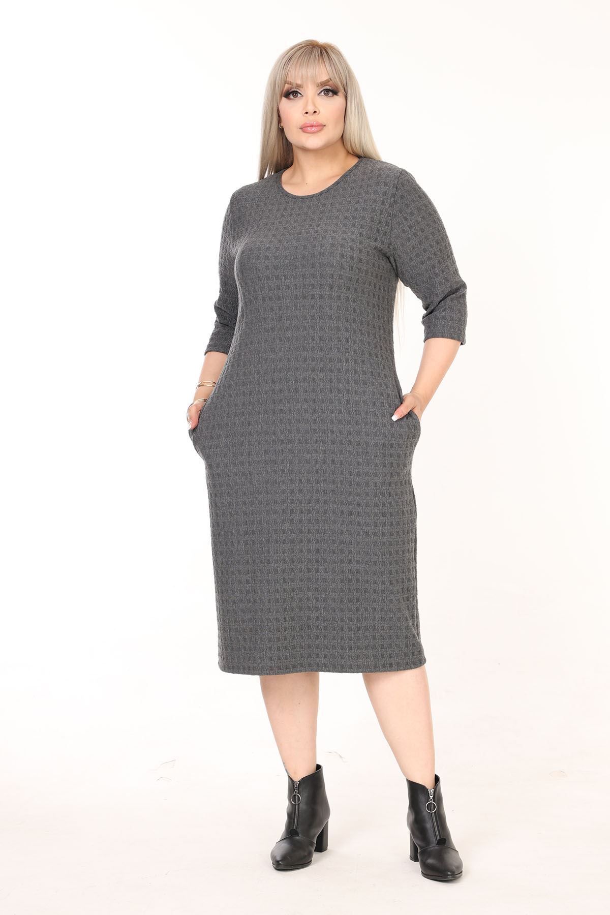 modayız-Double Pocket Winter Plus Size Dress 43C-2590 1