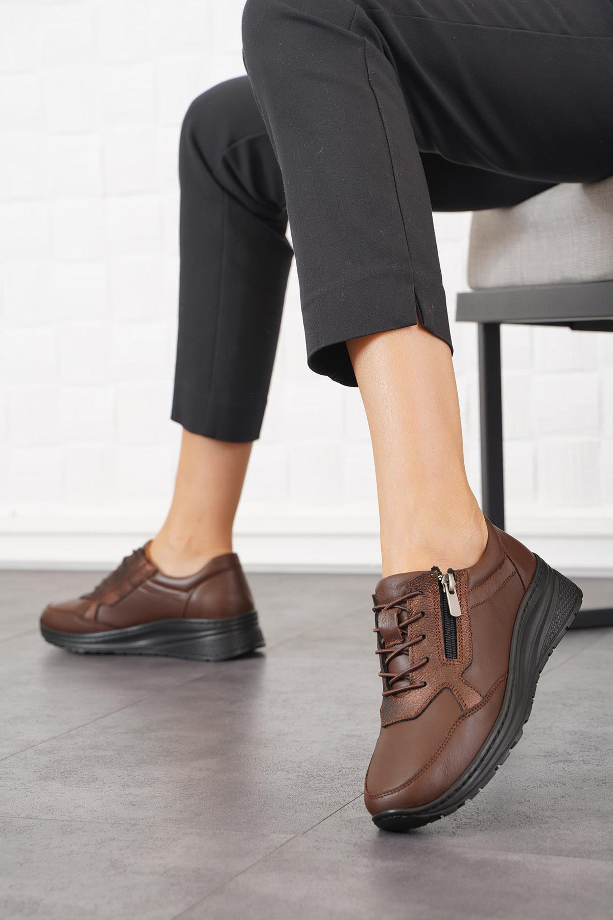 Moda Pie Amaya Yan Fermuar Hakiki Deri Kadın Ayakkabı Kahve Cilt