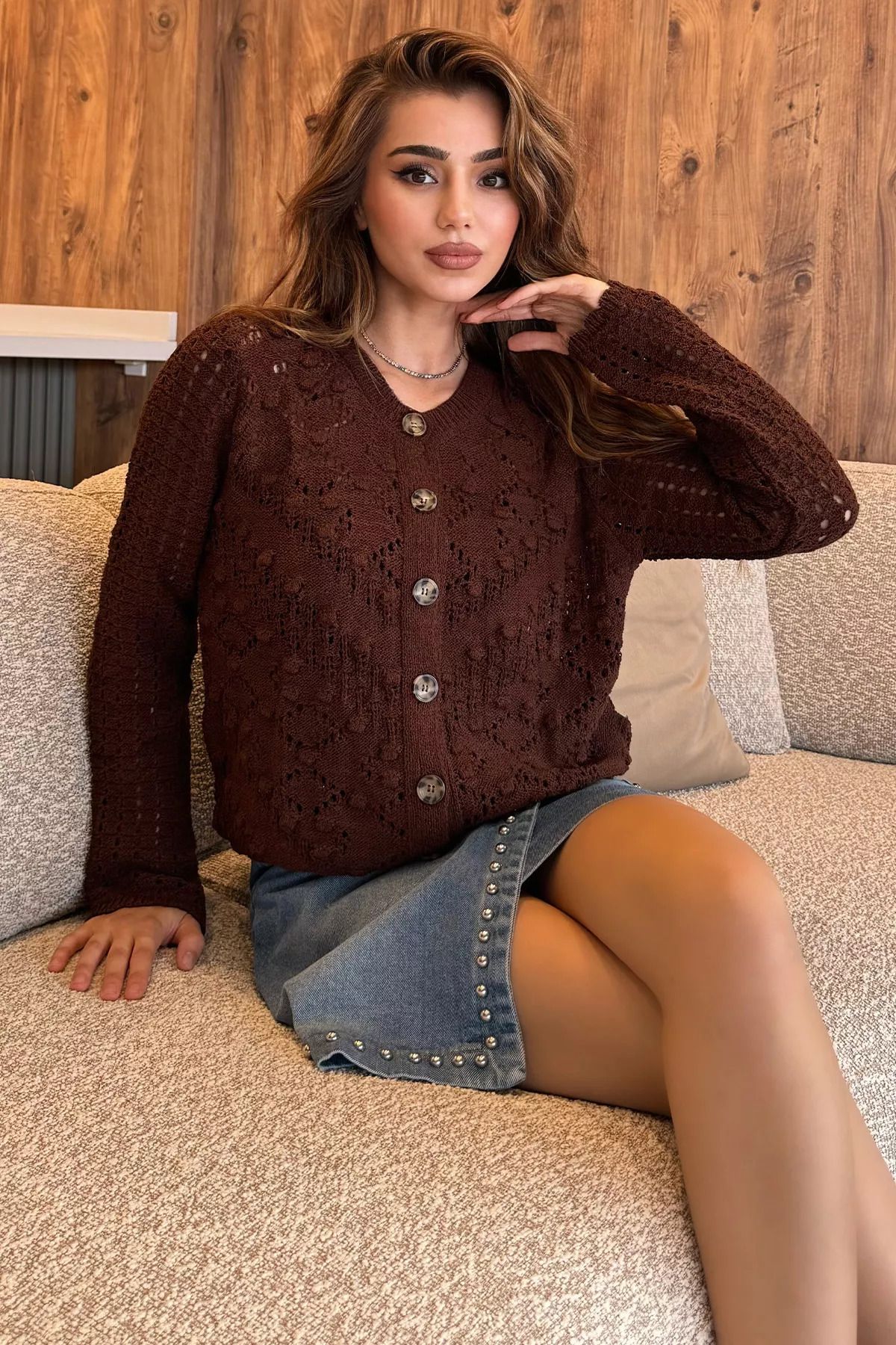 GÜLSELİ-Brown Women's Embossed Patterned Openwork Knitwear Cardigan 2