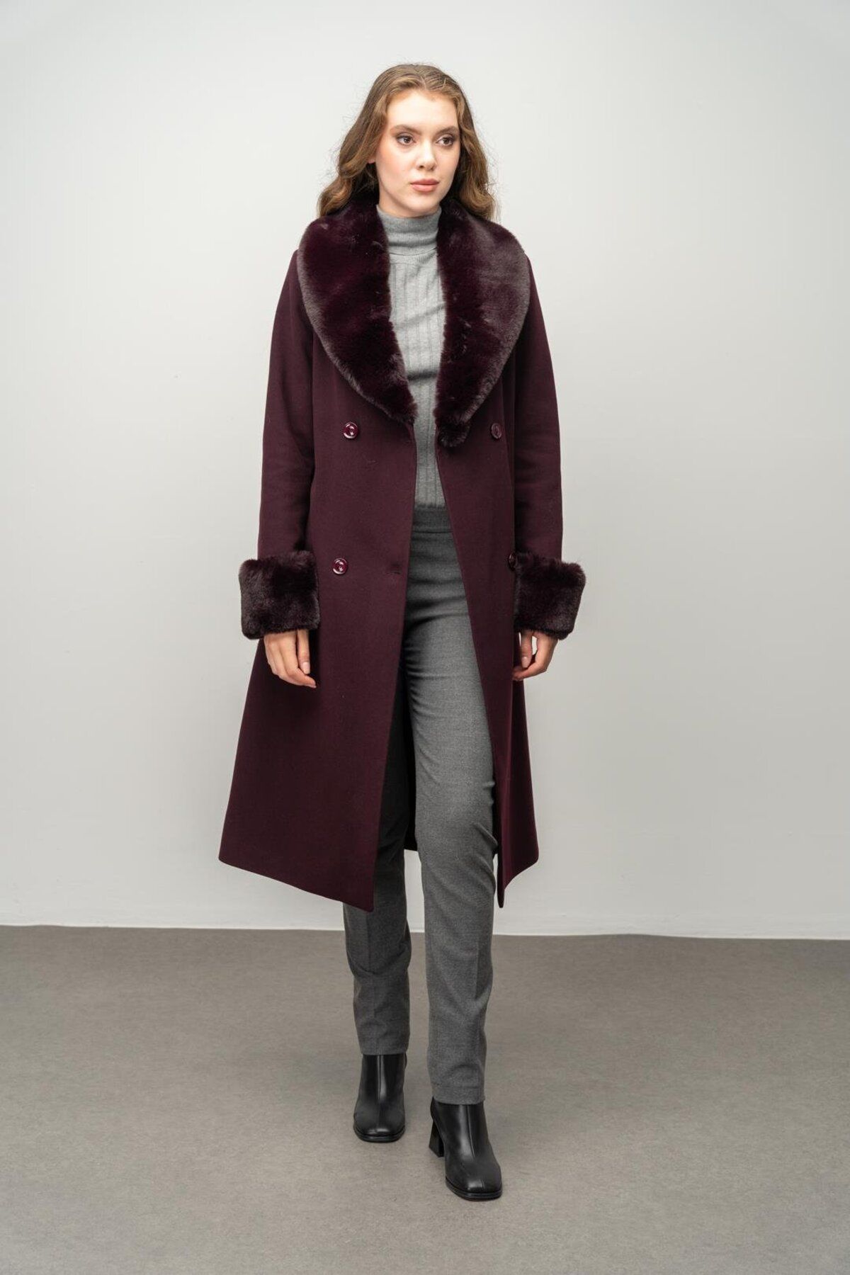 Olcay-Double Breasted Coat - Detachable Fur and Intermediate Length, DAMSON 3043 4