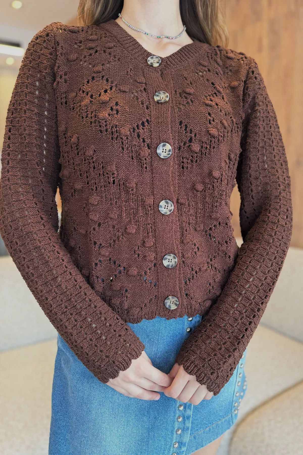 GÜLSELİ-Brown Women's Embossed Patterned Openwork Knitwear Cardigan 3