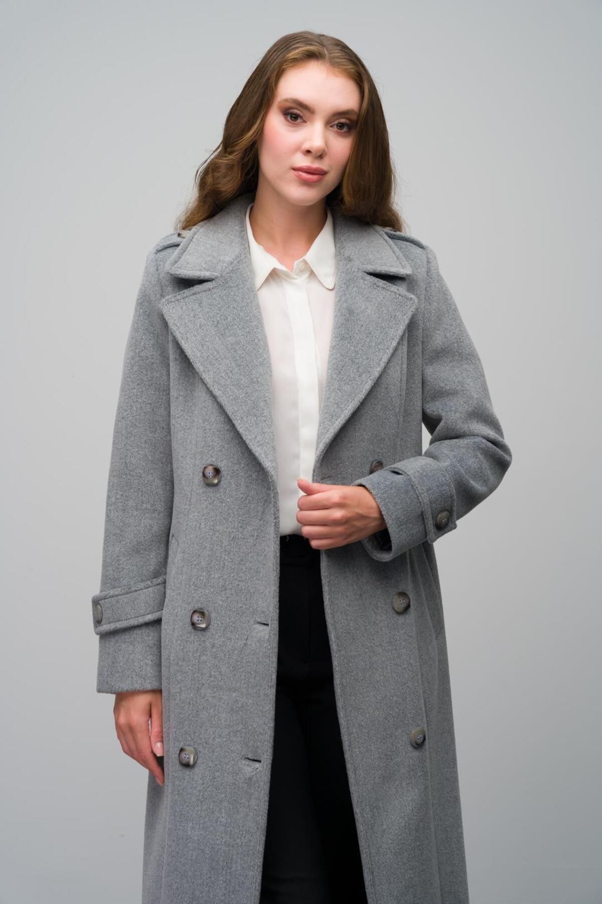 Olcay-Long Length Double Breasted Coat - Epaulet Detailed, GREY 3056 6