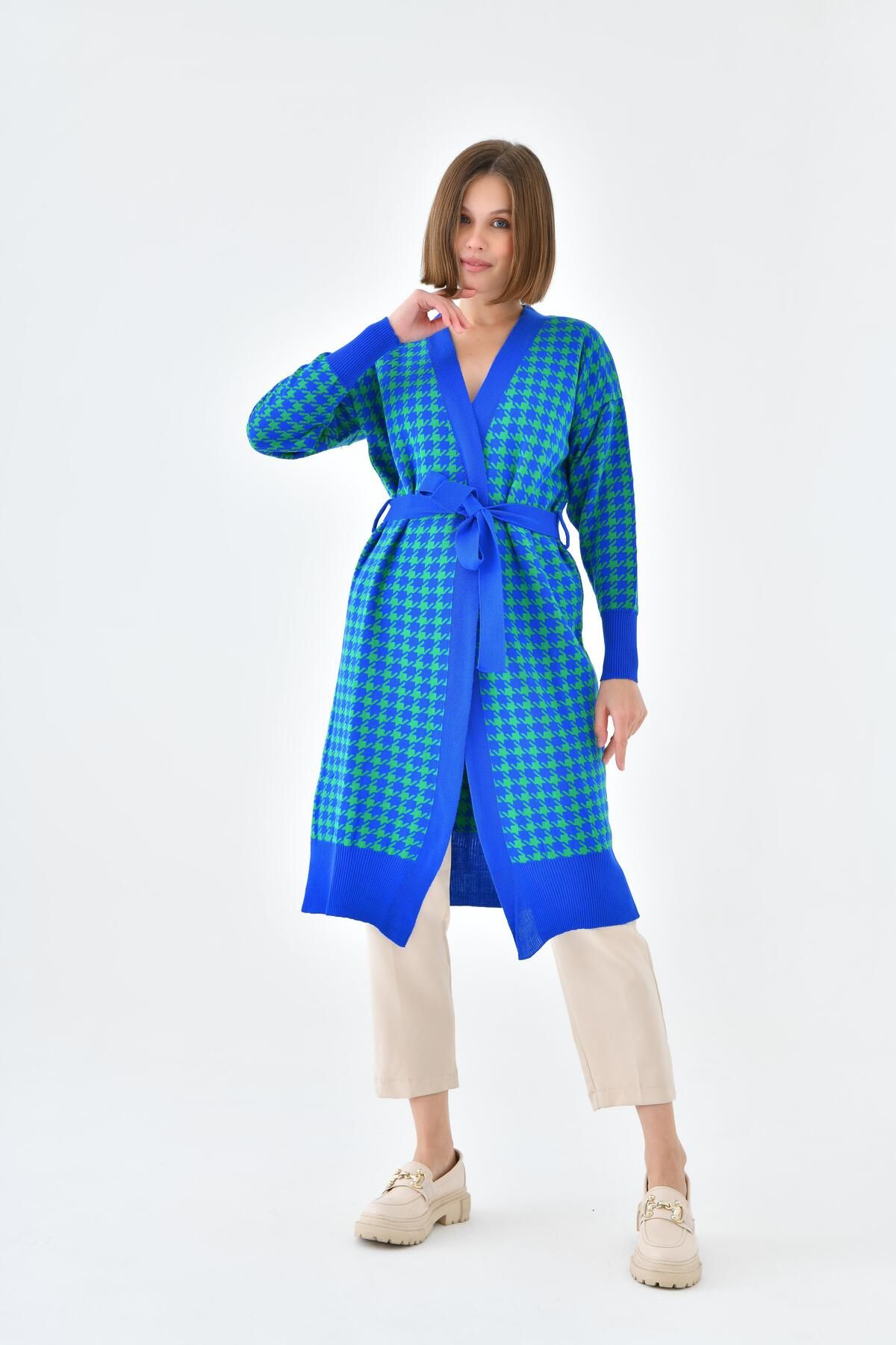 FTZ WOMEN-Dámský Houndstooth vzorovaný knoflík s detailním dlouhým svetříkem Saks Blue 20528 6