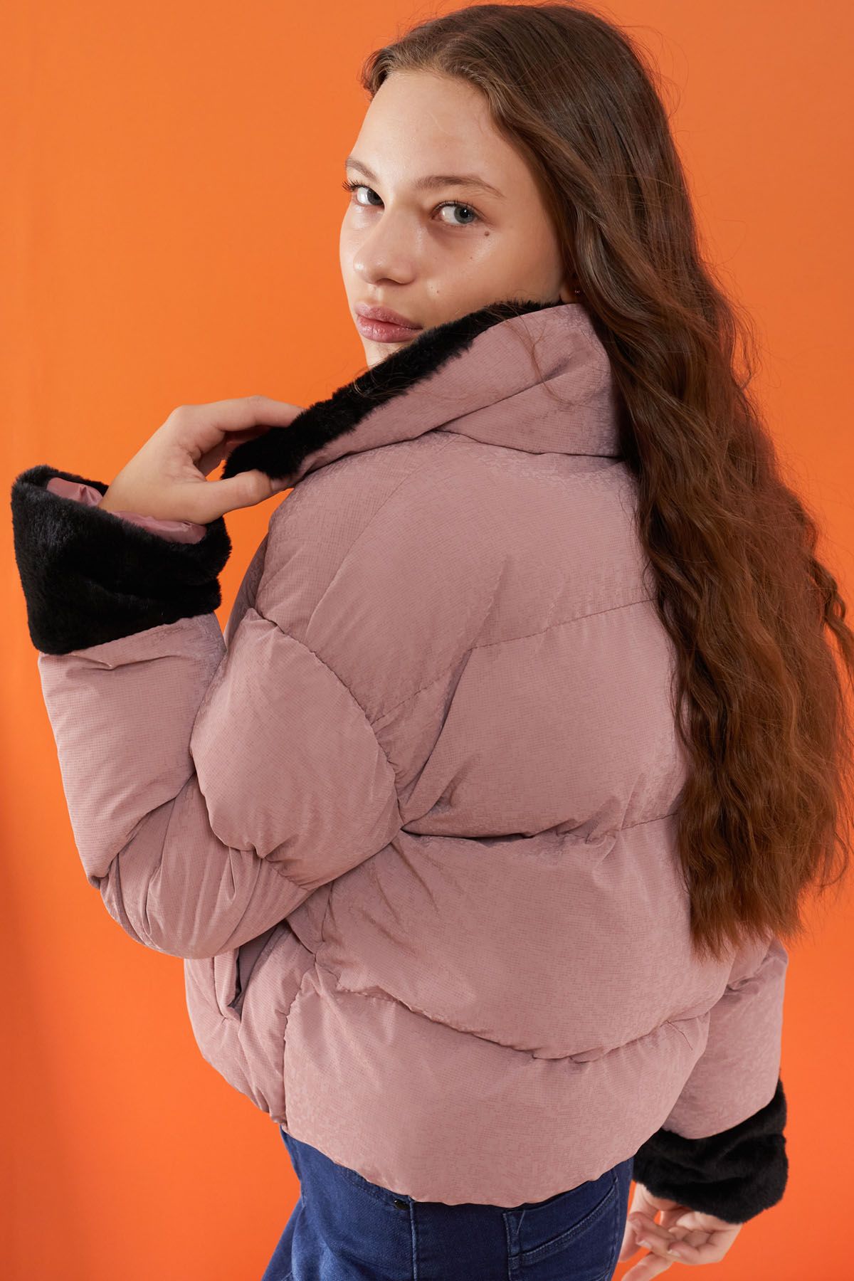 Cansın Mini-Girl's Puffer Jacket - Pink, Stand Collar, Fur Sleeve Detail 19506 2