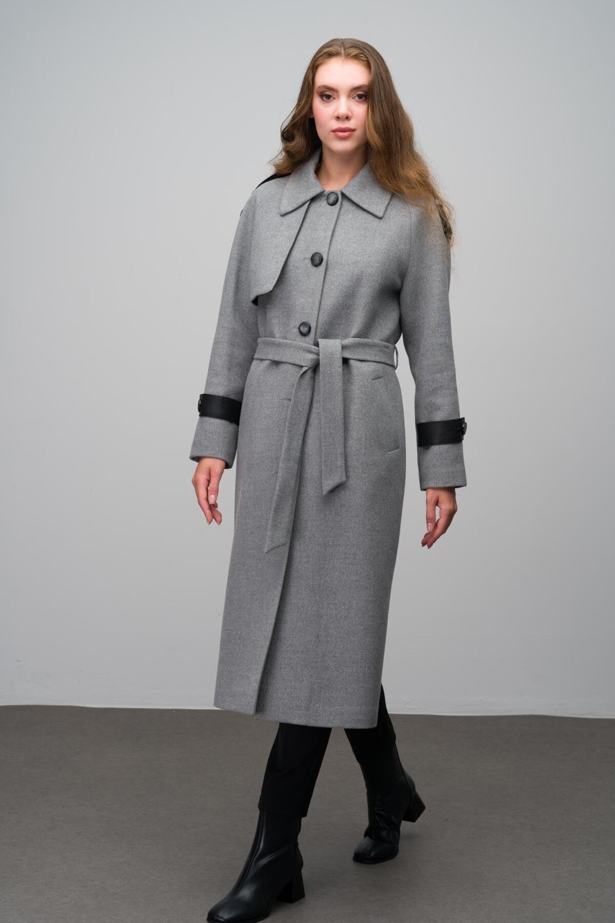 Genuine Leather Detailed Waist Tied Intermediate Cashmere Coat GREY 3030-K