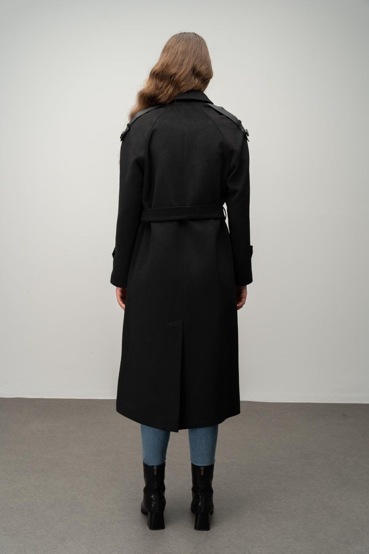 Olcay-Black Cashmere Coat - Genuine Leather, Intermediate Length, Waist Tied 3030-K 7