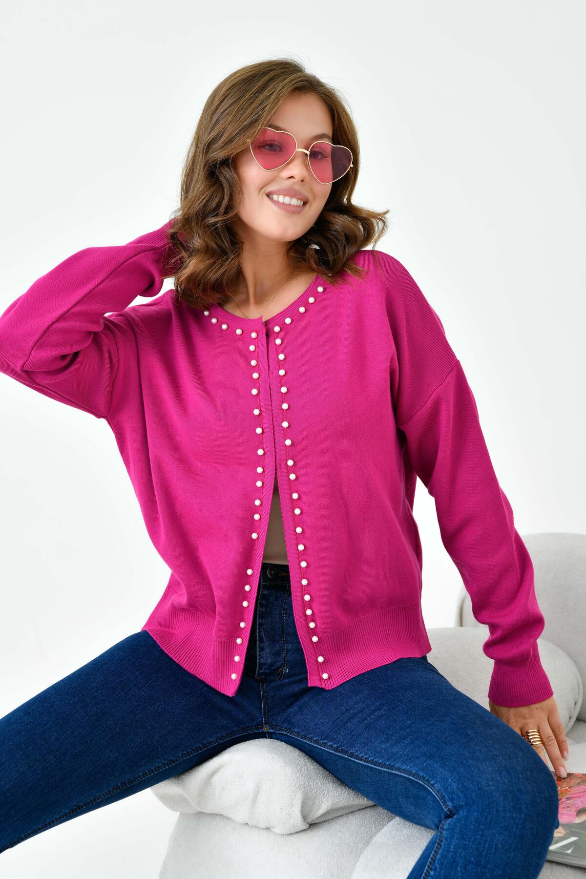 FTZ WOMEN  Kadın İnci Detaylı Hırka Fuşya 20808 - Görsel 3