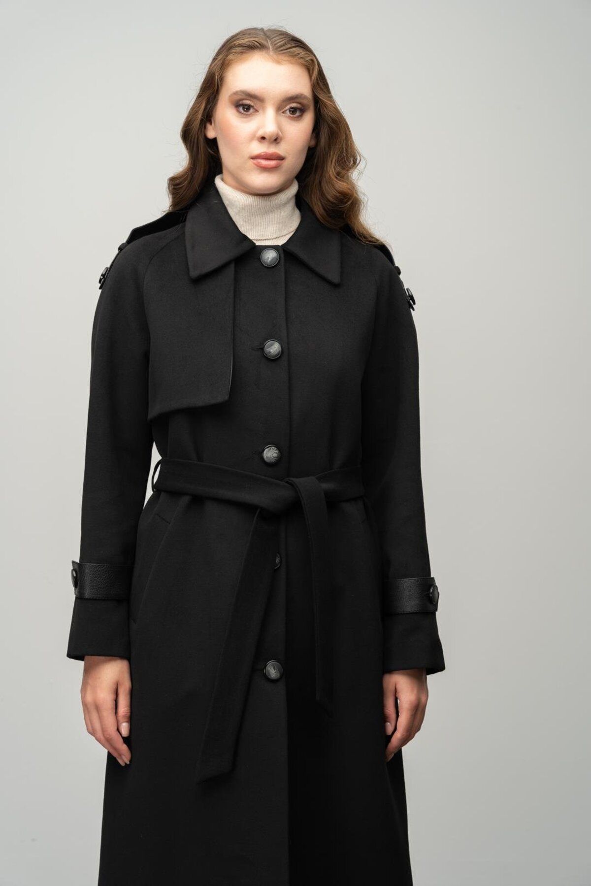 Olcay-Black Cashmere Coat - Genuine Leather, Intermediate Length, Waist Tied 3030-K 2