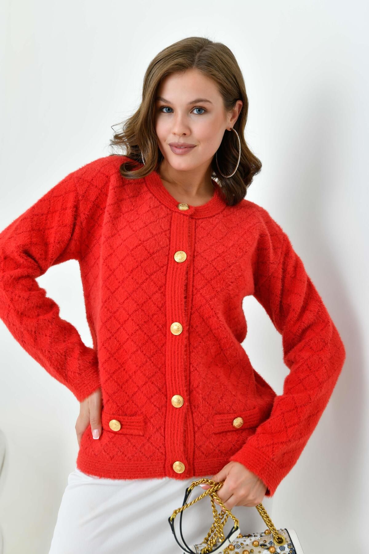 FTZ WOMEN-Ftz Red Women's Cardigan - Gold Button Detail, Model 20700 2