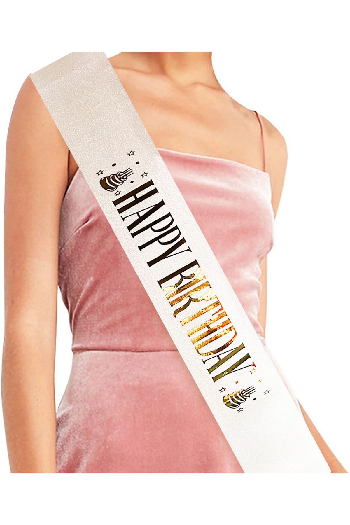 STOREMAX cmllashop Beyaz Üzeri Altın Büyük Happy Birthday Yazılı Simli Işıltılı Kuşak Kemer 10 cm