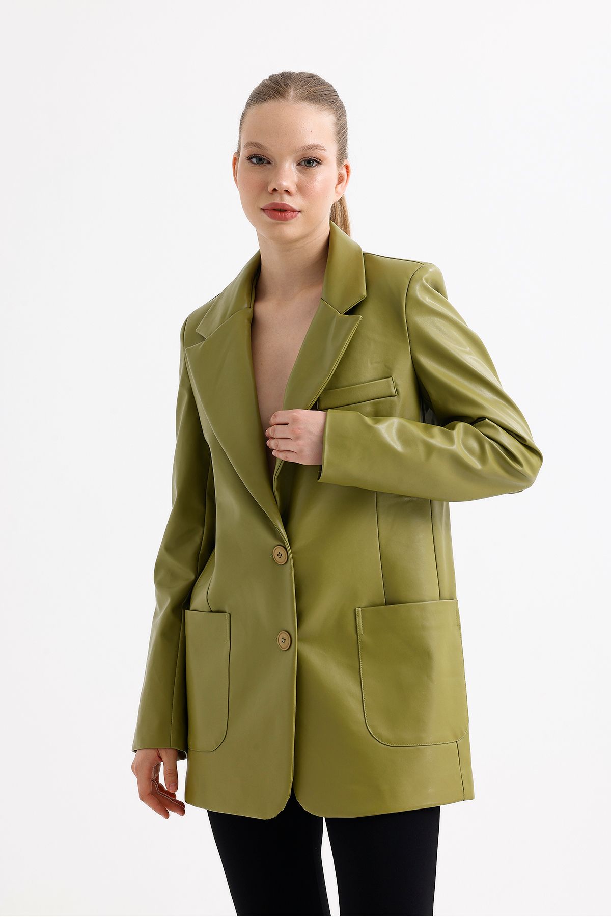 Sense-Women's Faux Leather Jacket |   Ckt33554 Oil Green 6