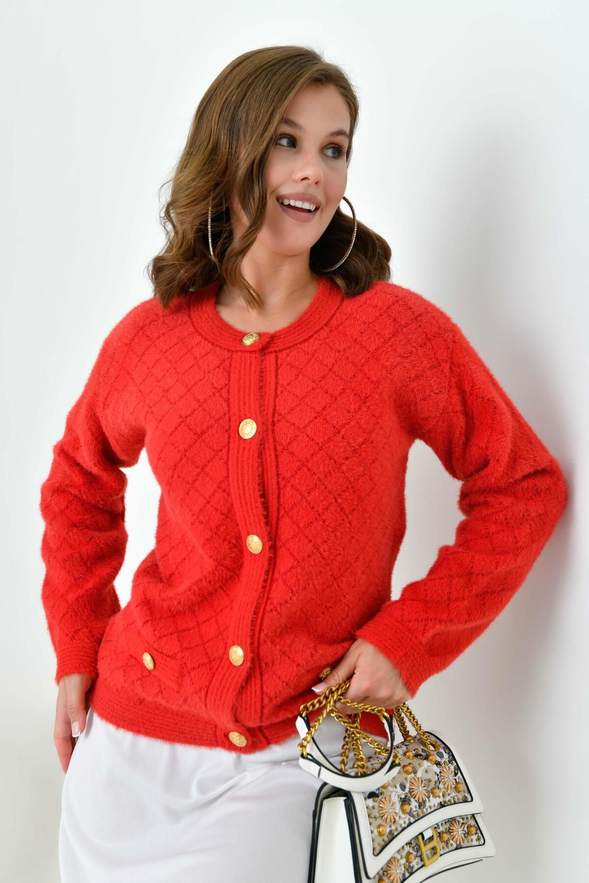 FTZ WOMEN-Ftz Red Women's Cardigan - Gold Button Detail, Model 20700 4